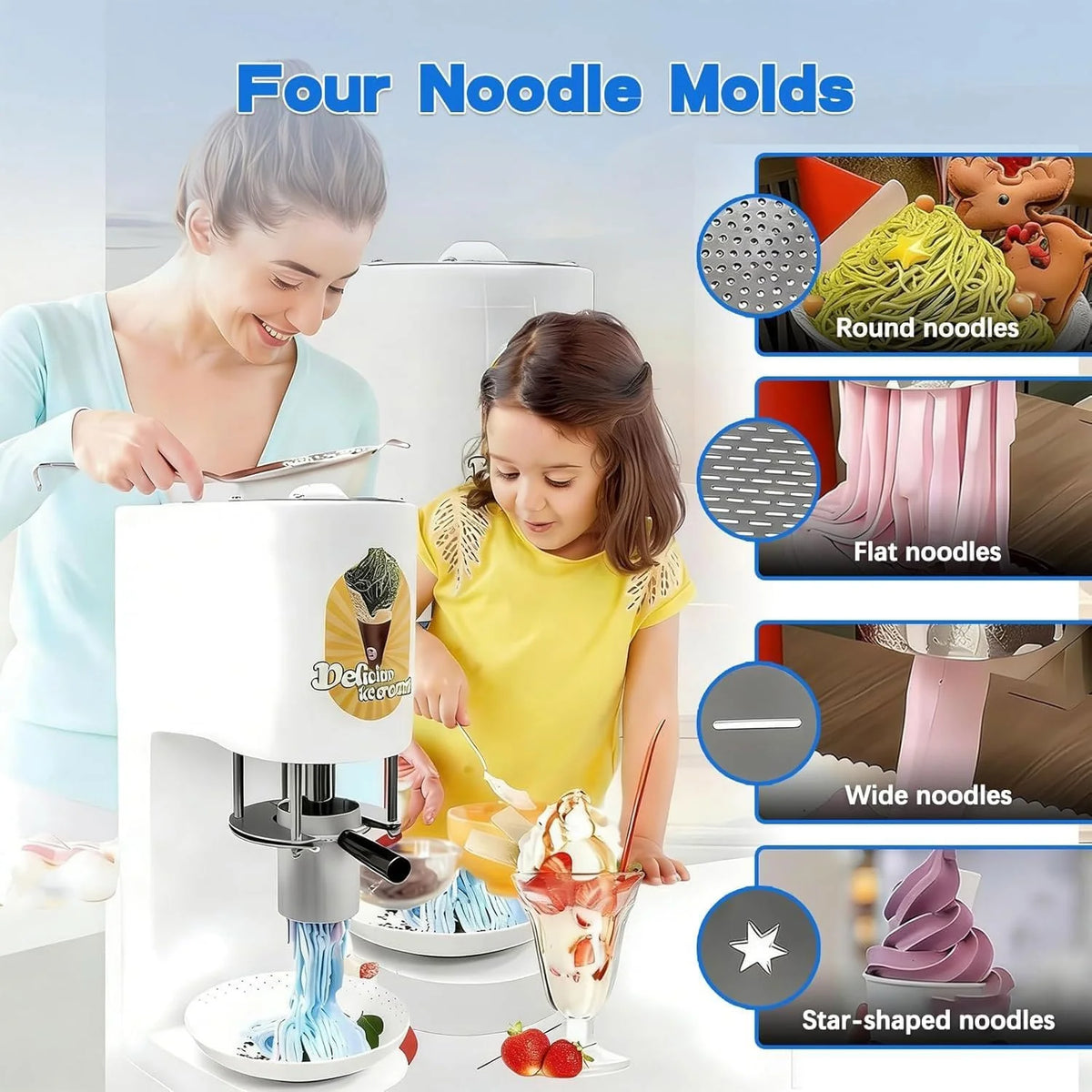 Kommerzielle Spaghetti-Eismaschine. 28–30 l/h. professionelle Gelato-Eis-Nudelmaschine mit 4 verschiedenen Nudelformen. for Catering und Soft-Serve-