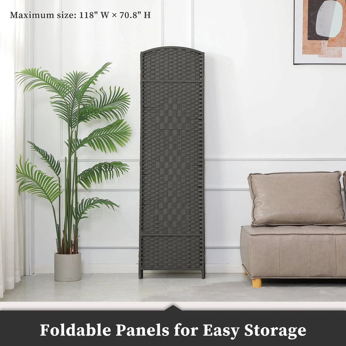 6 FT Tall Woven Fiber Room Divider. Freestanding Folding Privacy Screen