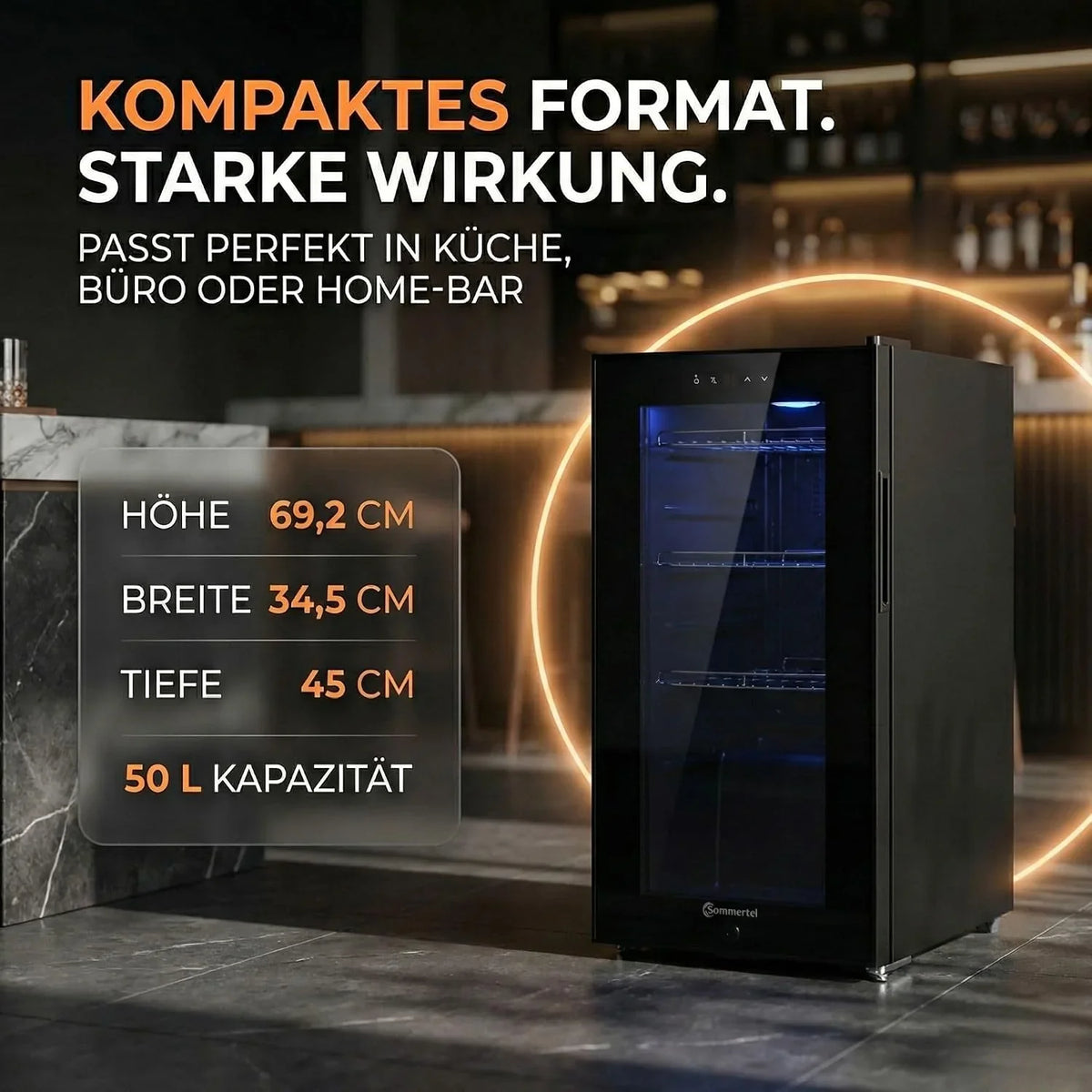 Sommertal Getränkekühlschrank 50L – Mini Kühlschrank schwarz mit Glastür. Touchscreen & LED | Kleiner Flaschenkühlschrank abschließbar & leise für