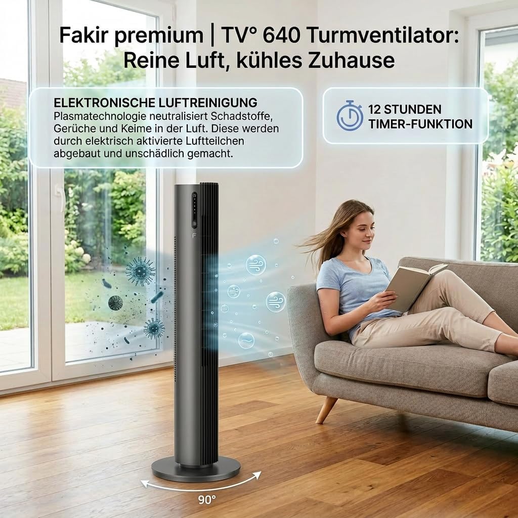 Fakir premium TV° 640 Turmventilator - Leiser Lüfter mit 32dB(A). DC-Motor. 12 Stufen. 12h Timer. LED-Display. Fernbedienung & 90° Oszillation.