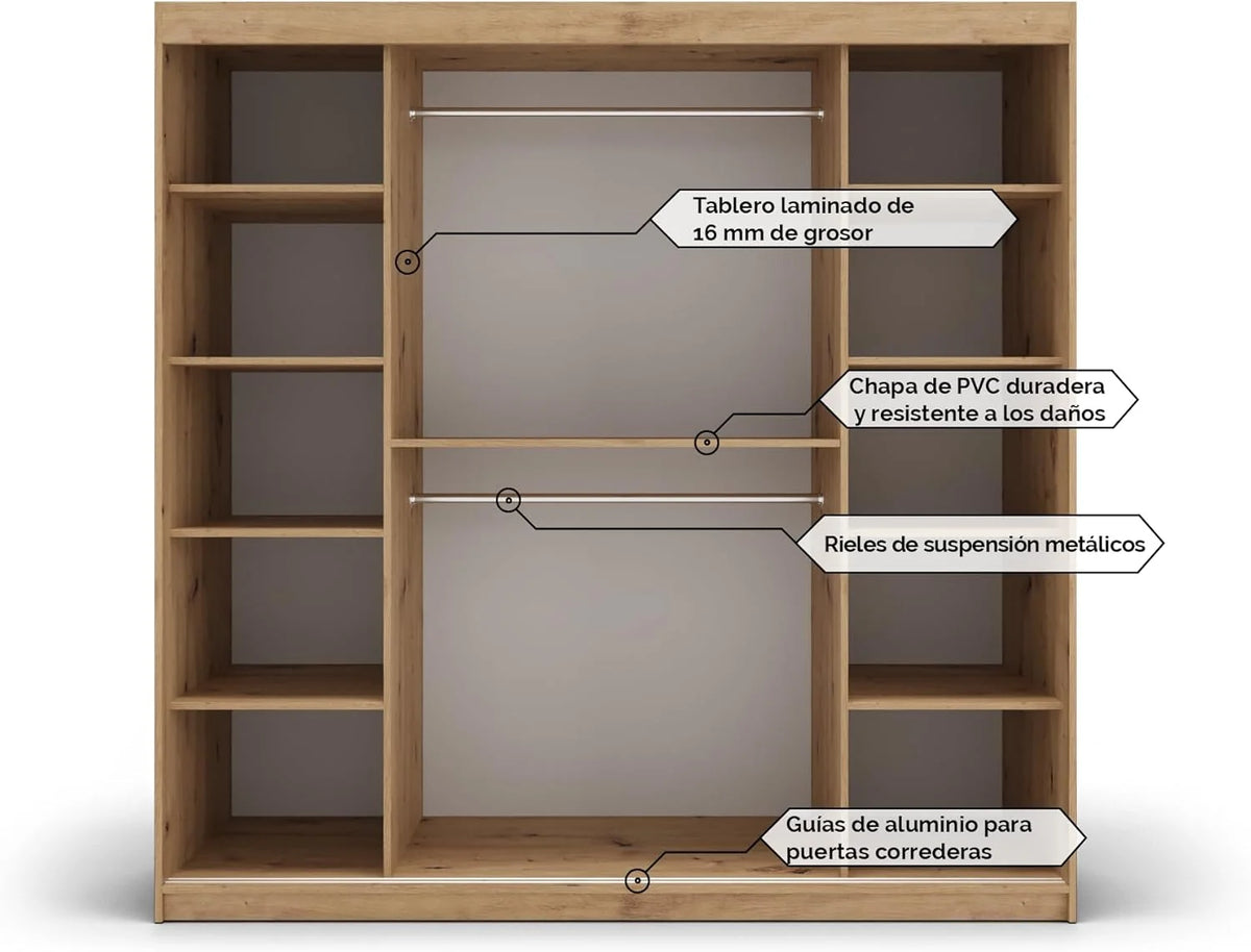 ABIKSMEBLE Verona 4 200 Bedroom Wardrobe with Three Sliding Doors – Modern Storage Cabinet with Mirror. Coat Rack and Shelves – 200 x 200 x 62 cm –