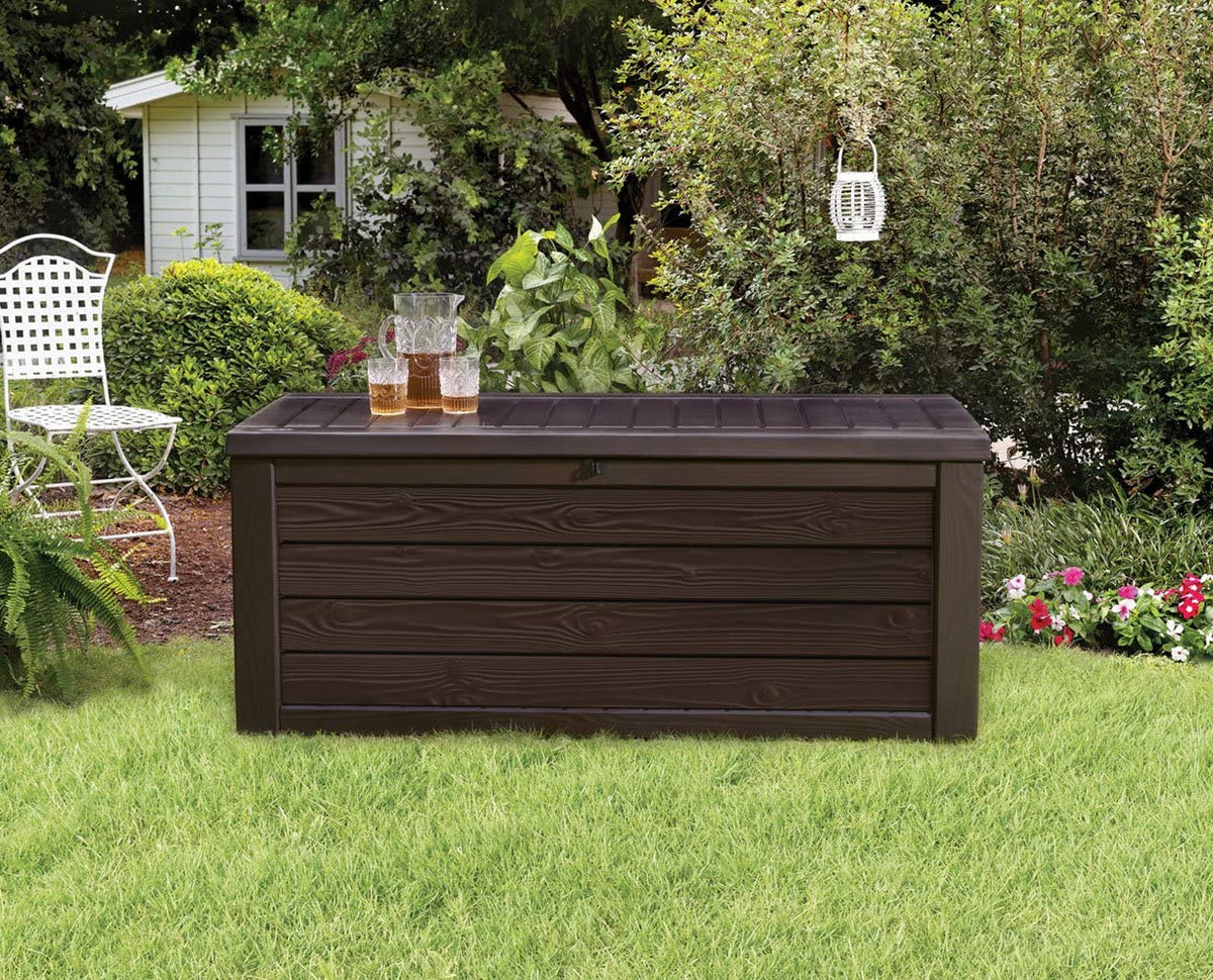 150 Gallon Resin Large Deck Box-Organization and Storage for Patio Furniture. Outdoor Cushions. Garden Tools and Pool Toys. Brown