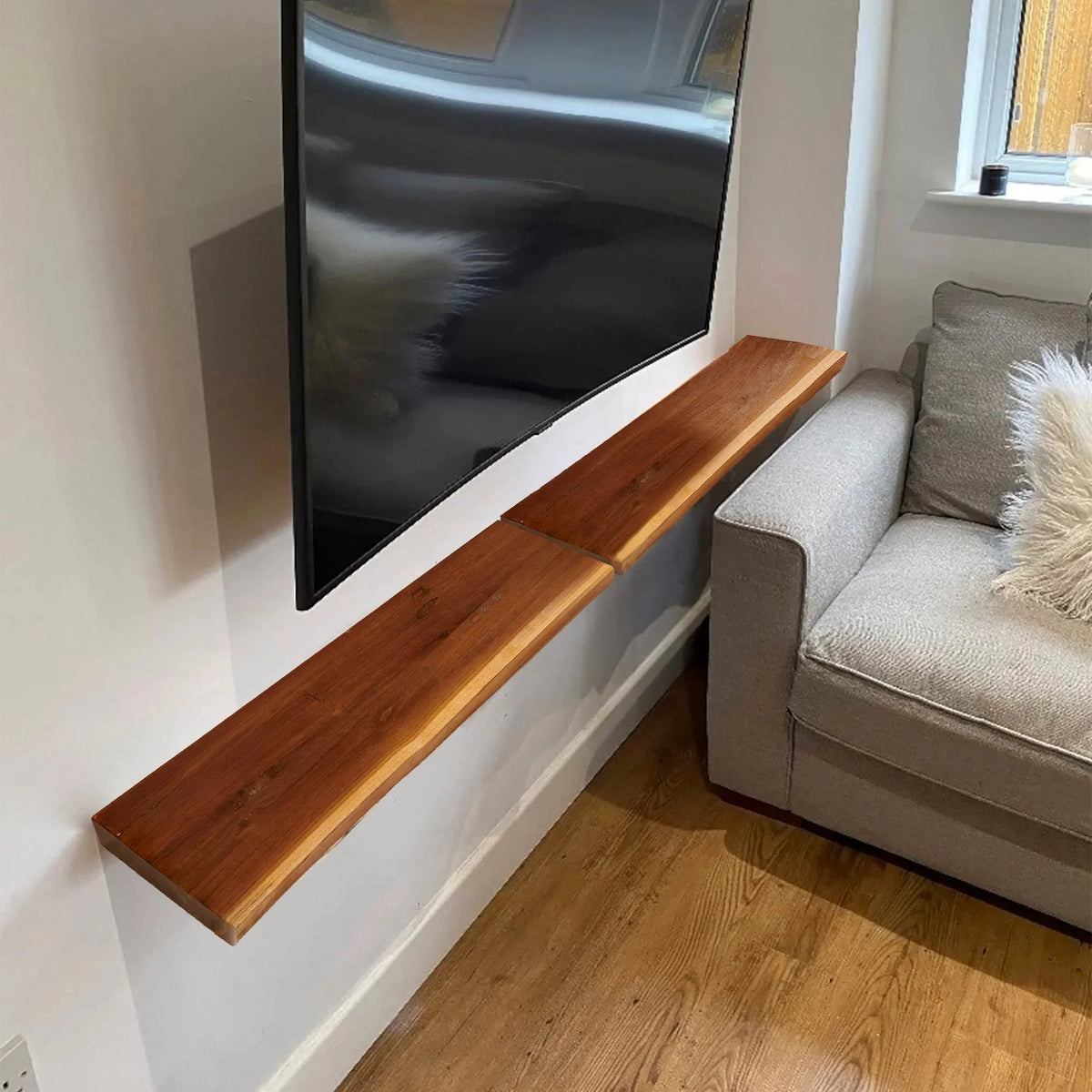 1 Piece Teak Wood Wall Shelf with Live Edge. Rustic Floating Shelf for Home Decor