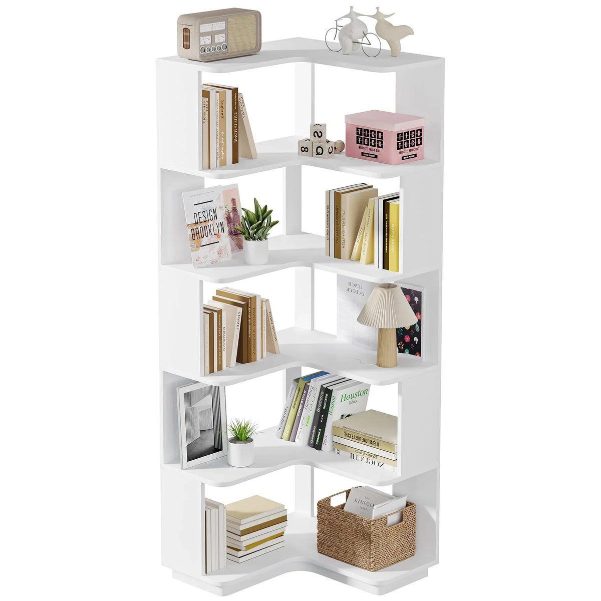 64.9 Inch Tall 6-Tier Corner Bookshelf. Freestanding Wood Industrial Bookcase