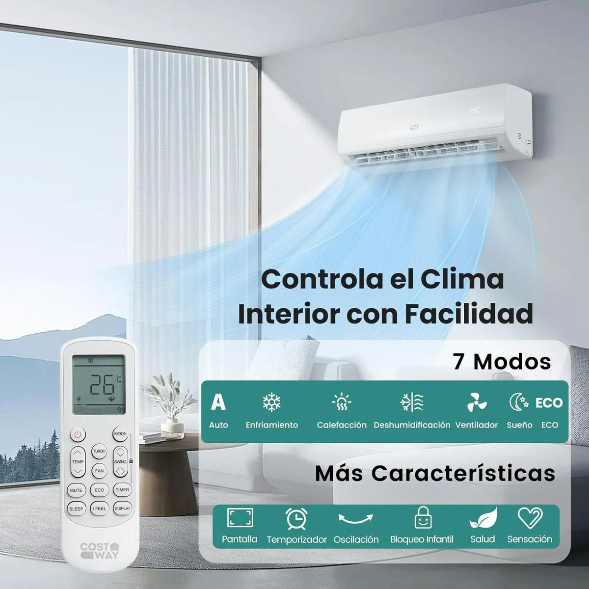 COSTWAY Aire Acondicionado Split. 2.6 kW. Aire Acondicionado con Calefacción con Bomba de Calor.Refrigerante: R32. Calefactor y Refrigerador con Kit