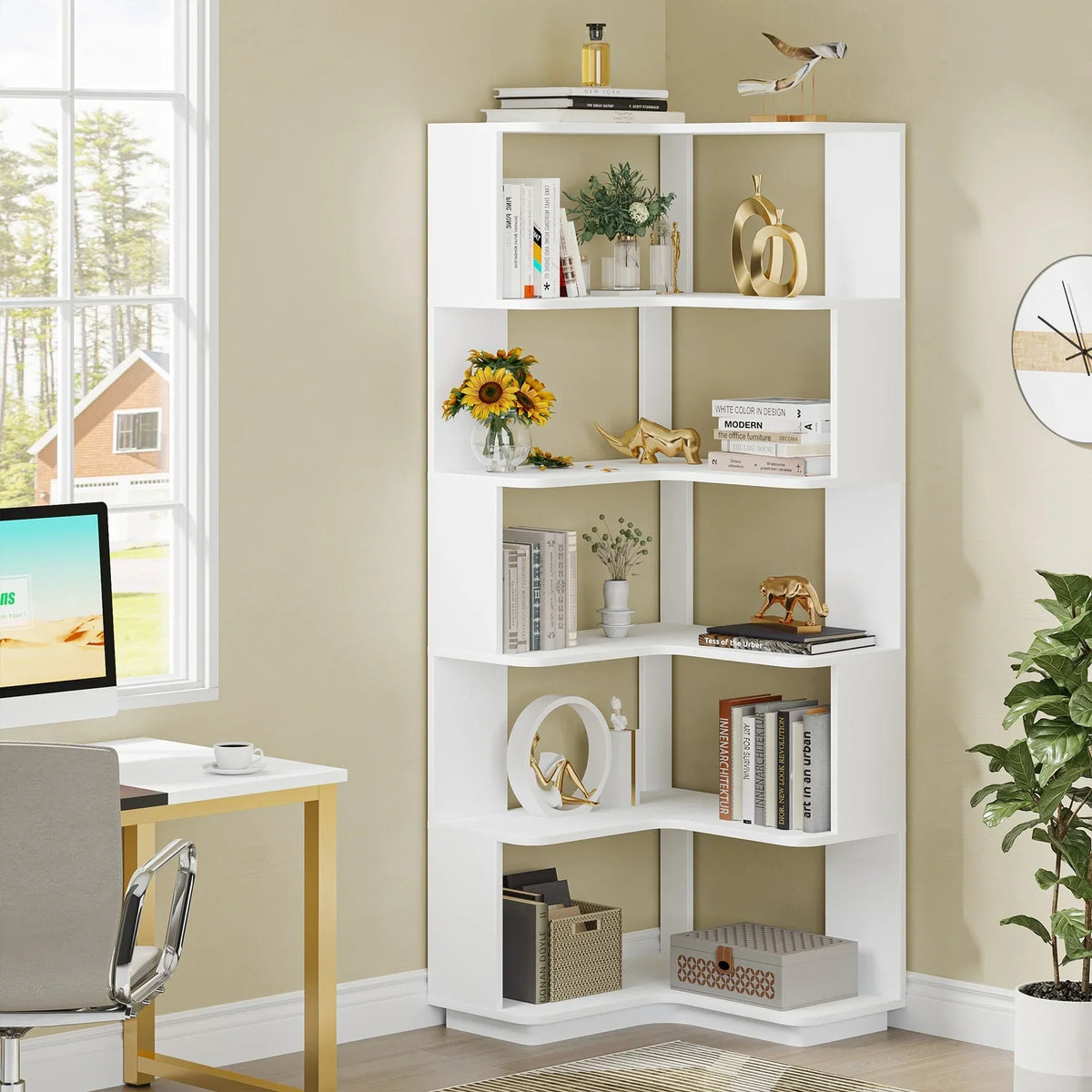 64.9 Inch Tall 6-Tier Corner Bookshelf. Freestanding Wood Industrial Bookcase