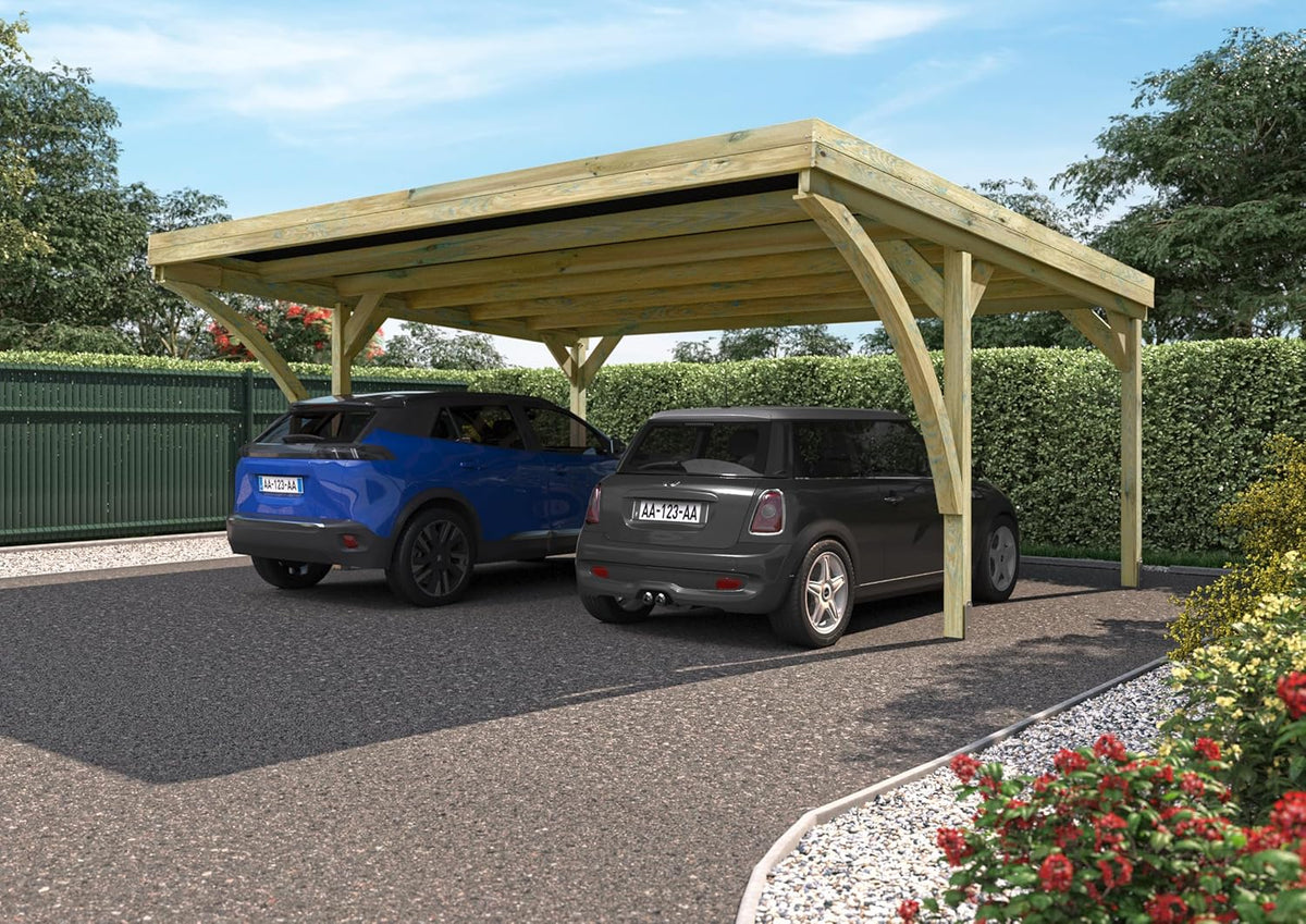 Forest Style - Cochera Doble Victor Modern 30.9 m² (6.02 x 5.11 x 2.52 m) – Madera de Pino Tratada – Techo de Policarbonato – Aparcamiento Cubierto