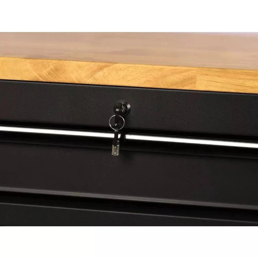 61-Inch W x 23-Inch D 15-Drawer Mobile Workbench with Solid Wood Top
