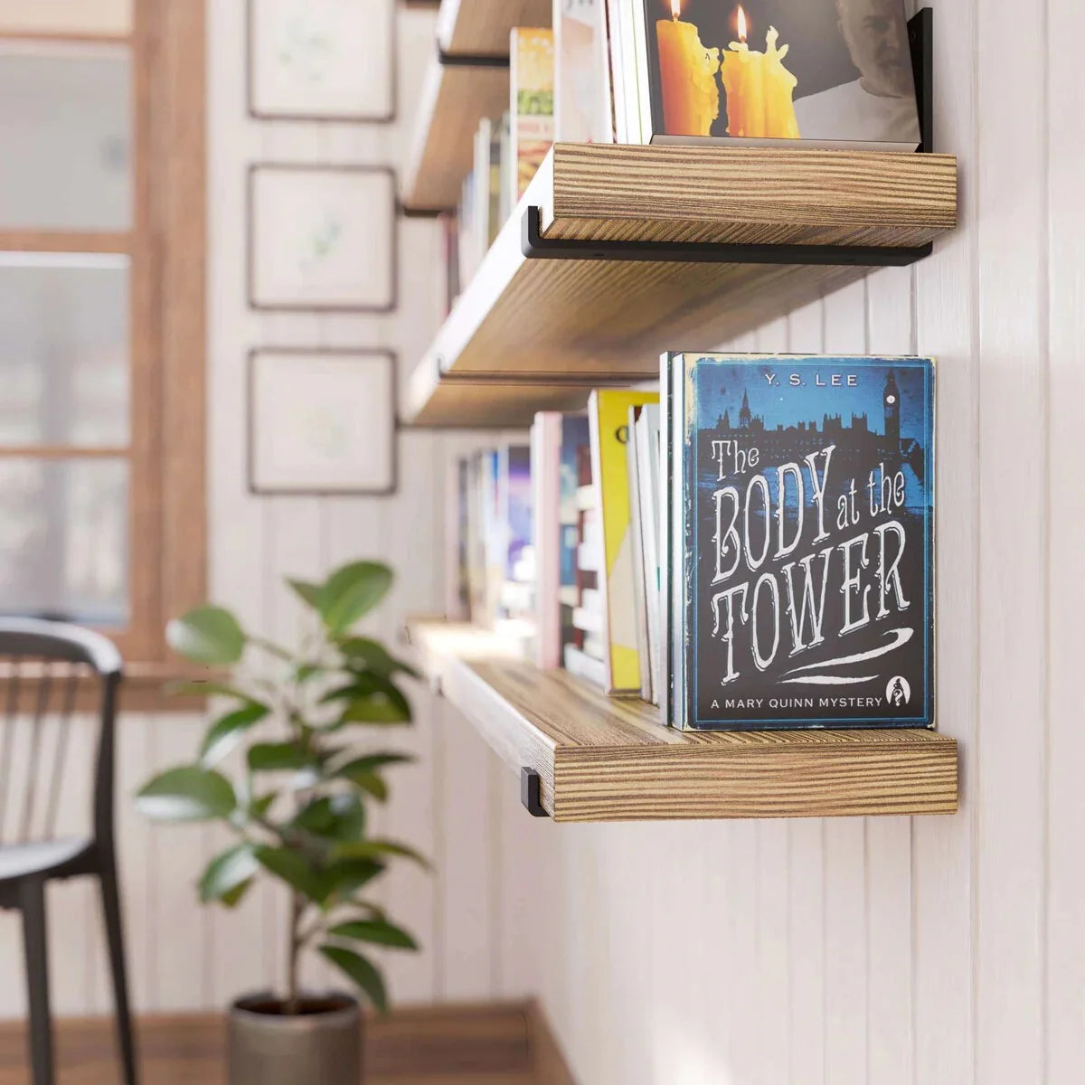 72 Inch Floating Wood Wall Shelves. Set of 2 Burnt Wood Display and Storage Shelves for Home Decor