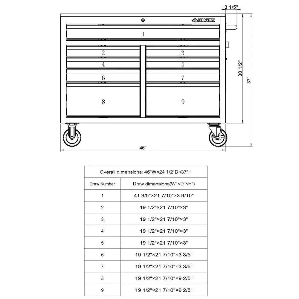 46-Inch W x 24-Inch D 9-Drawer Deep Tool Chest Mobile Workbench. Gloss Black
