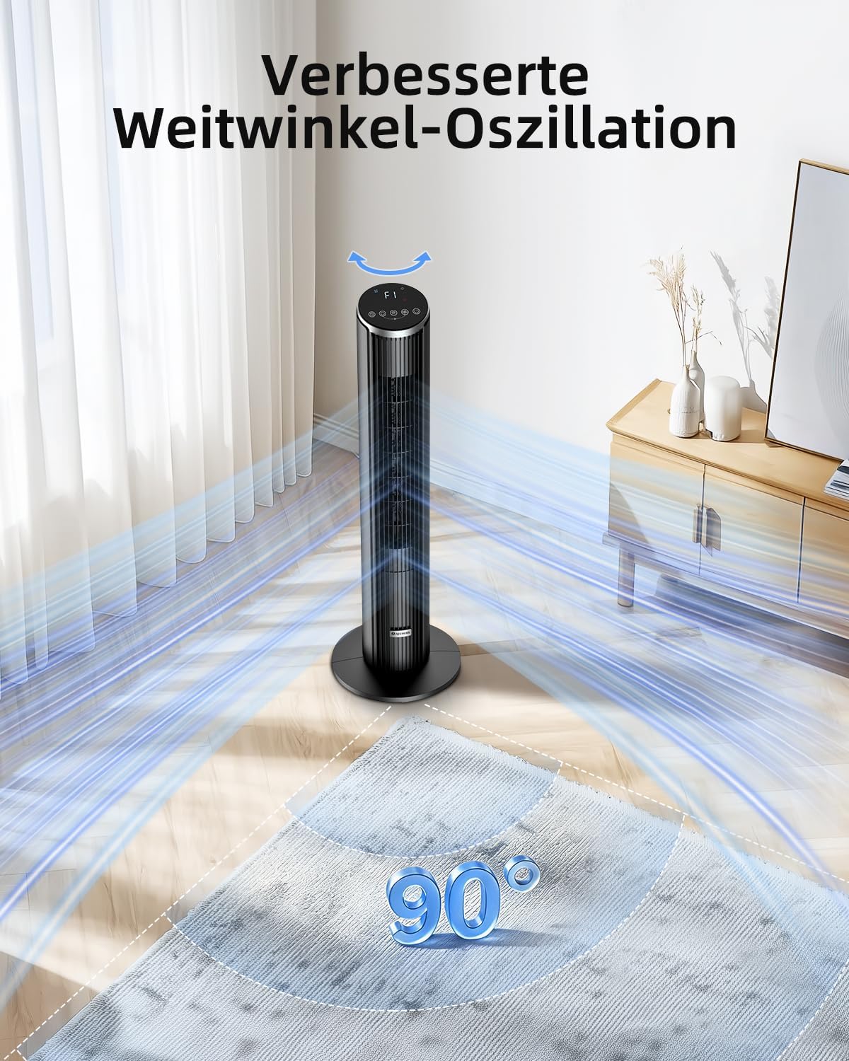 Ateroll Leiser Turmventilator für Schlafzimmer. Standventilator mit Fernbedienung. 90° oszillierend. 4 Geschwindigkeiten 3 Modi 12H Timer LED-Anzeige.