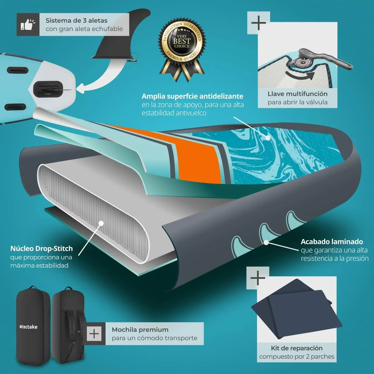 tectake Tabla de Paddle Surf Hinchable. Incluye Remo 2 en 1. Asiento de Kayak. Bomba de Aire. Mochila de Transporte. Stand Up Paddle. Accesorios