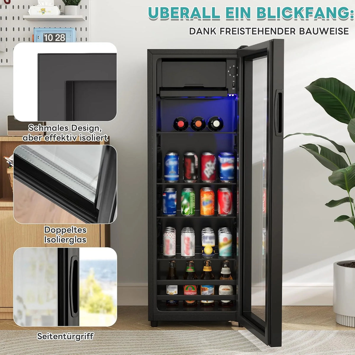 Merax Kühlschrank 128L. Freistehend Getränkekühler mit 120L-Kühlschrank + 8L-Gefrierschrank. mit LED-Innenbeleuchtung und Verstellbare Einlegeböden.