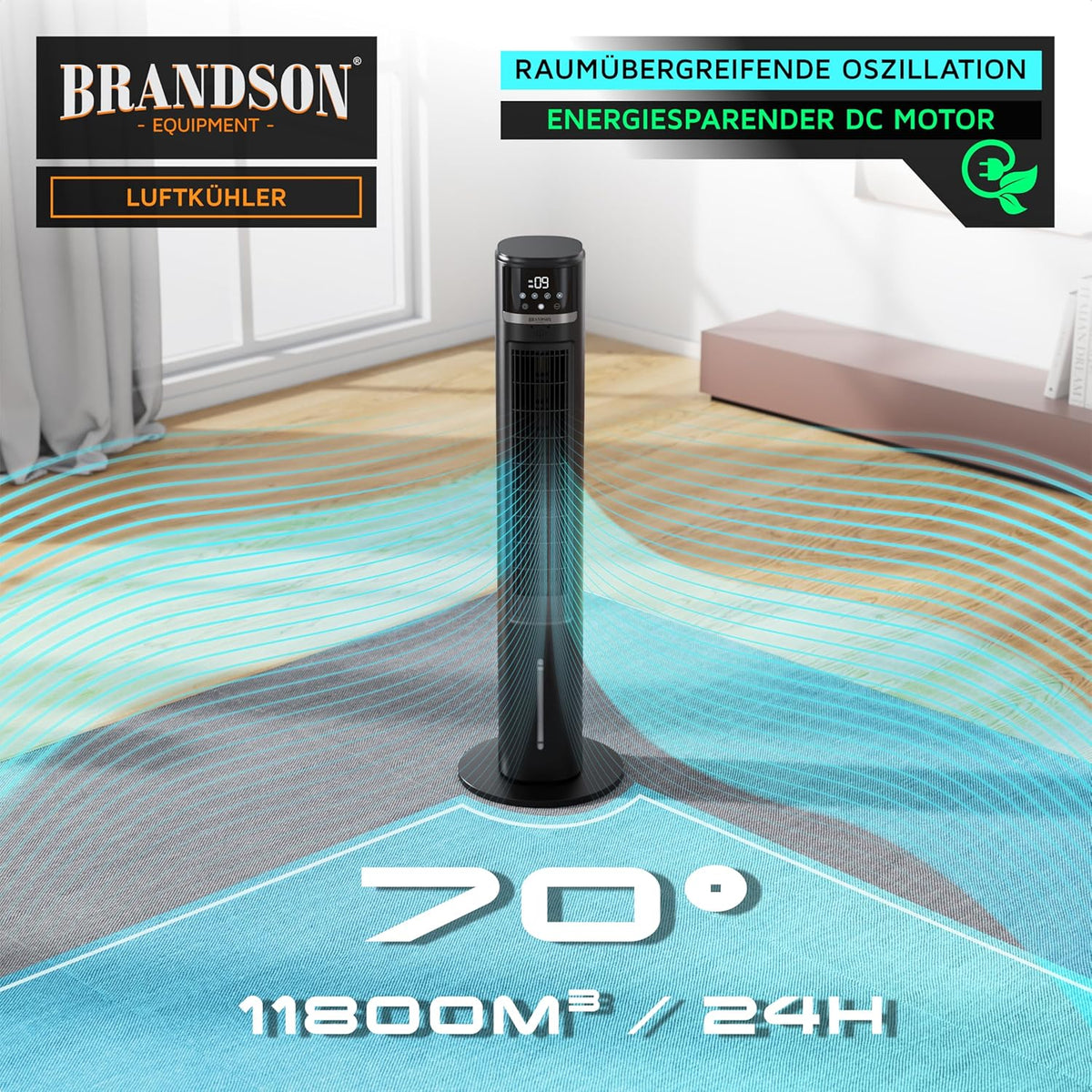Brandson – mobiler Luftkühler mit Wasserkühlung im ECO Design - DC Motor sehr leise - 60% Energieeinsparung - Sieger Ventilatoren und Luftkühler 2026