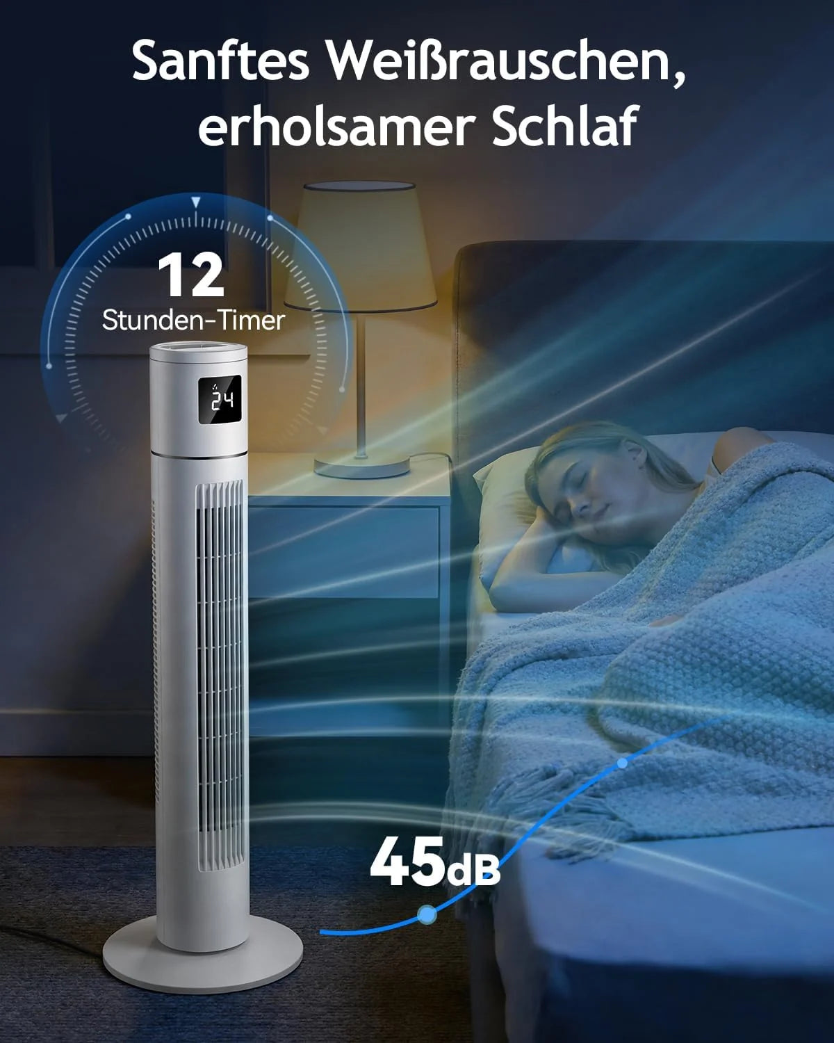 Timiyou Turmventilator 20dB Sehr Leiser für Schlafzimmer & Kühlung mit Fernbedienung | 3 Geschwindigkeitsstufen. 12h Timer. 60° Oszillation.