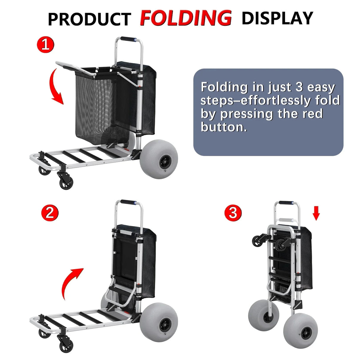 Foldable Beach Cart with Adjustable Handle and 12 Balloon Wheels. Heavy Duty Aluminum 220LBS Capacity