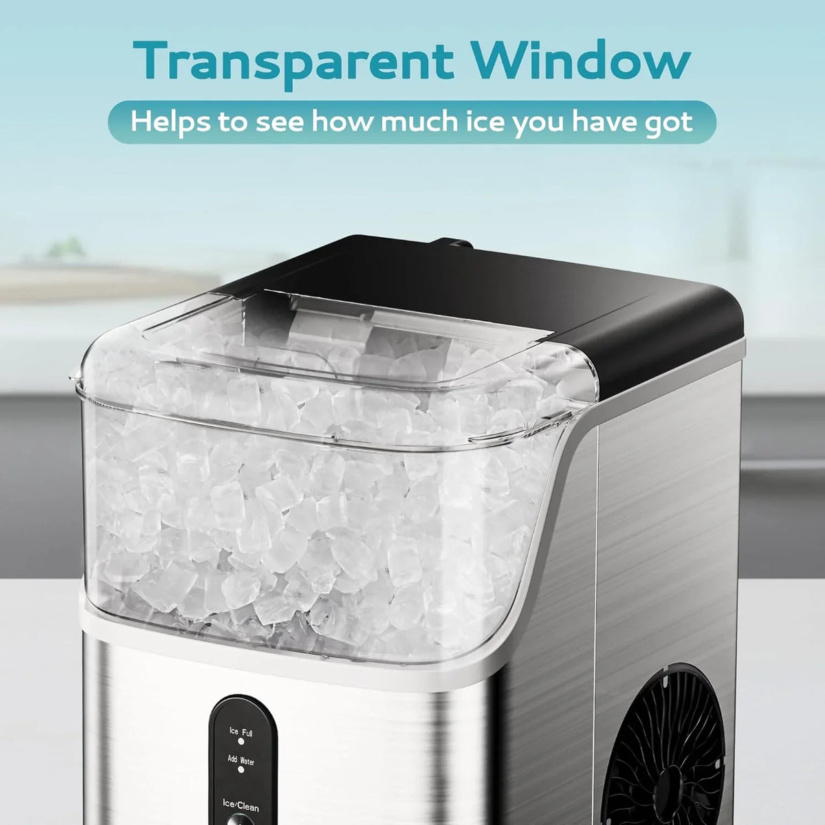 Desktop ice machine. pebble-style ice machine with 35 pounds/24-hour soft ice function. automatic cleaning sonic ice machine with ice scoop and ice box. granular ice machine (in stainless steel) suitable for home/kitchen/office