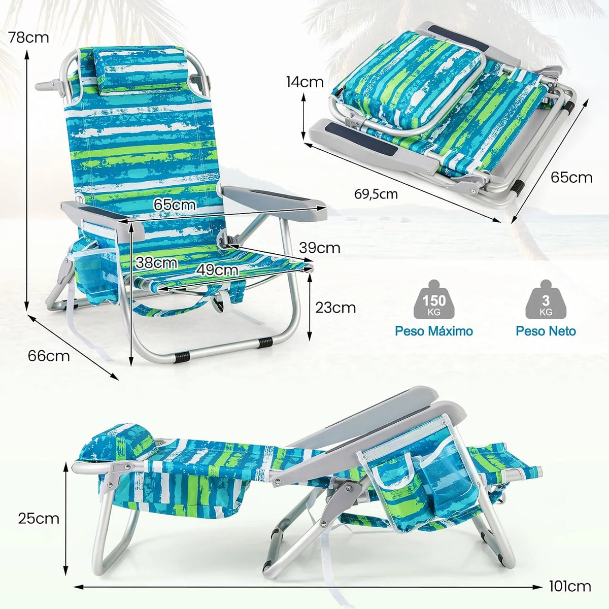 COSTWAY Silla Plegable de Playa. Tumbona con 5 Posiciones. Portavasos. Bolsillos de Almacenamiento. Correas de Hombro. Soporte para Toallas. Almohada.