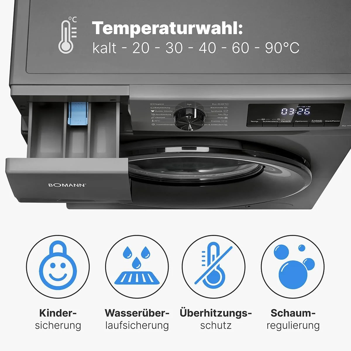Bomann Waschmaschine 8kg | max. 1400 U/min | 10 Jahre Motor-Garantie | robuster. leiser & langlebiger Invertermotor | 15 Waschprogramme | LED-Display