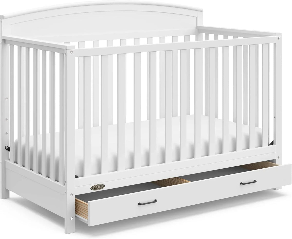 5-in-1 Convertible Baby Bed with Storage Drawers. White. Converts to Toddler Bed. Daybed and Full-Size Bed