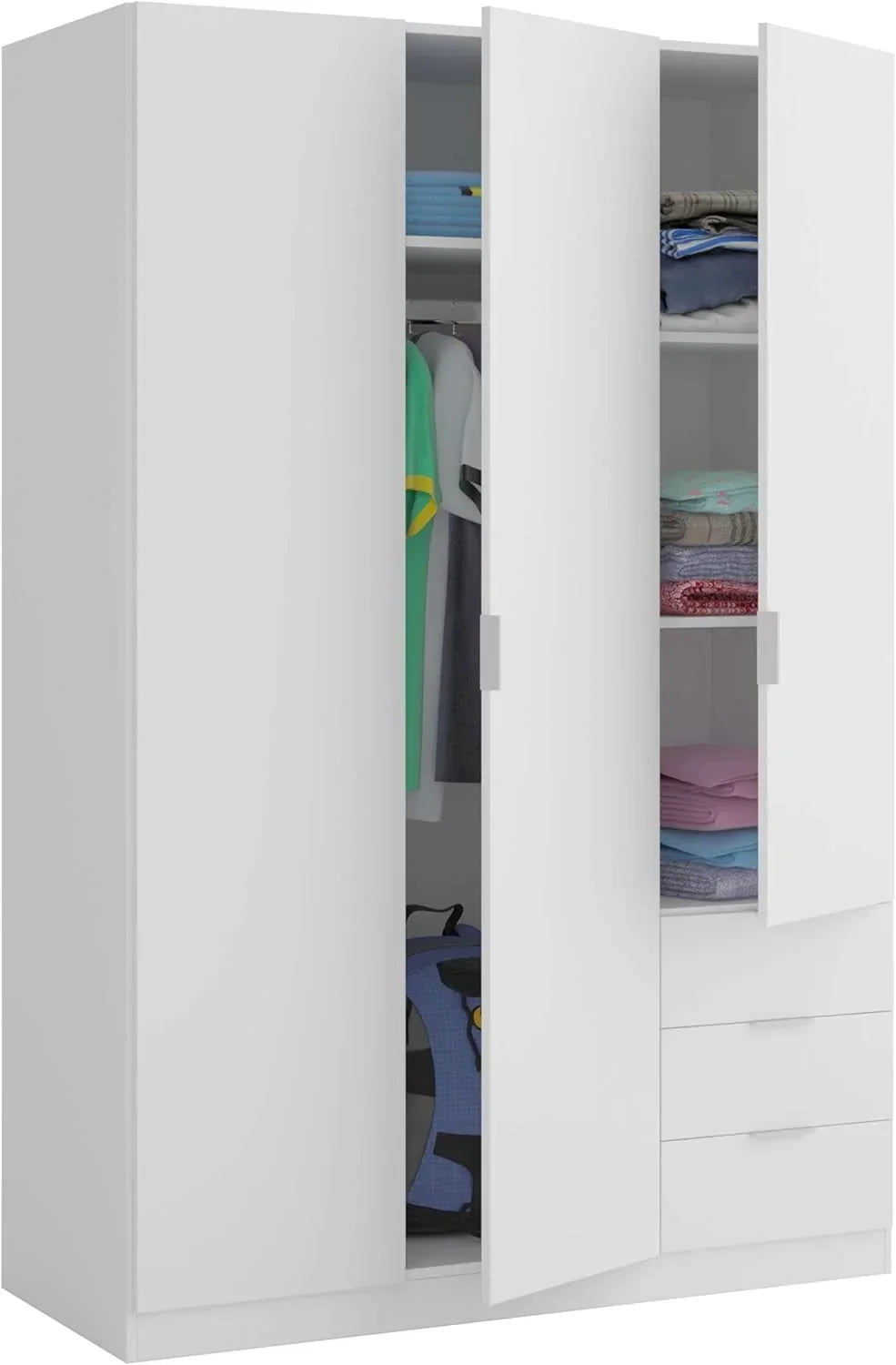 Habitdesign Three Door and Three Drawer Wardrobe Closet. Artic White Finish. Measurements: 121 cm (W) x 180 cm (H) x 52 cm (D)