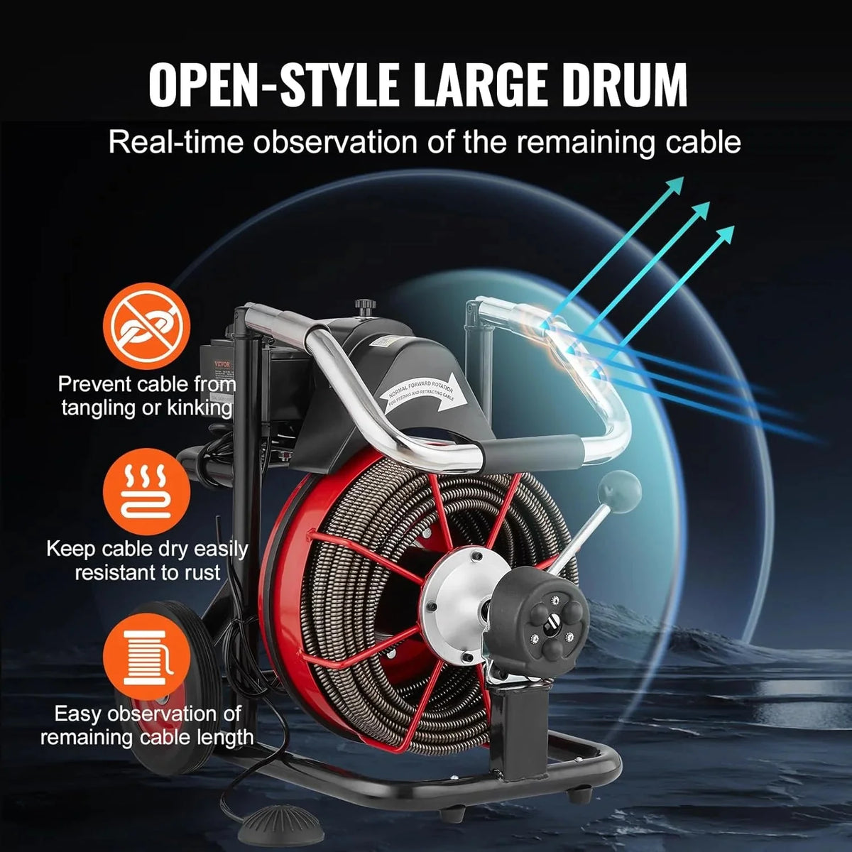 550W Drain Cleaning Machine. 100-Ft. x 1/2-Inch Sewer Snake Auger with 8 Cutters. Wheels and Foot Switch. for 2-4-Inch Pipes