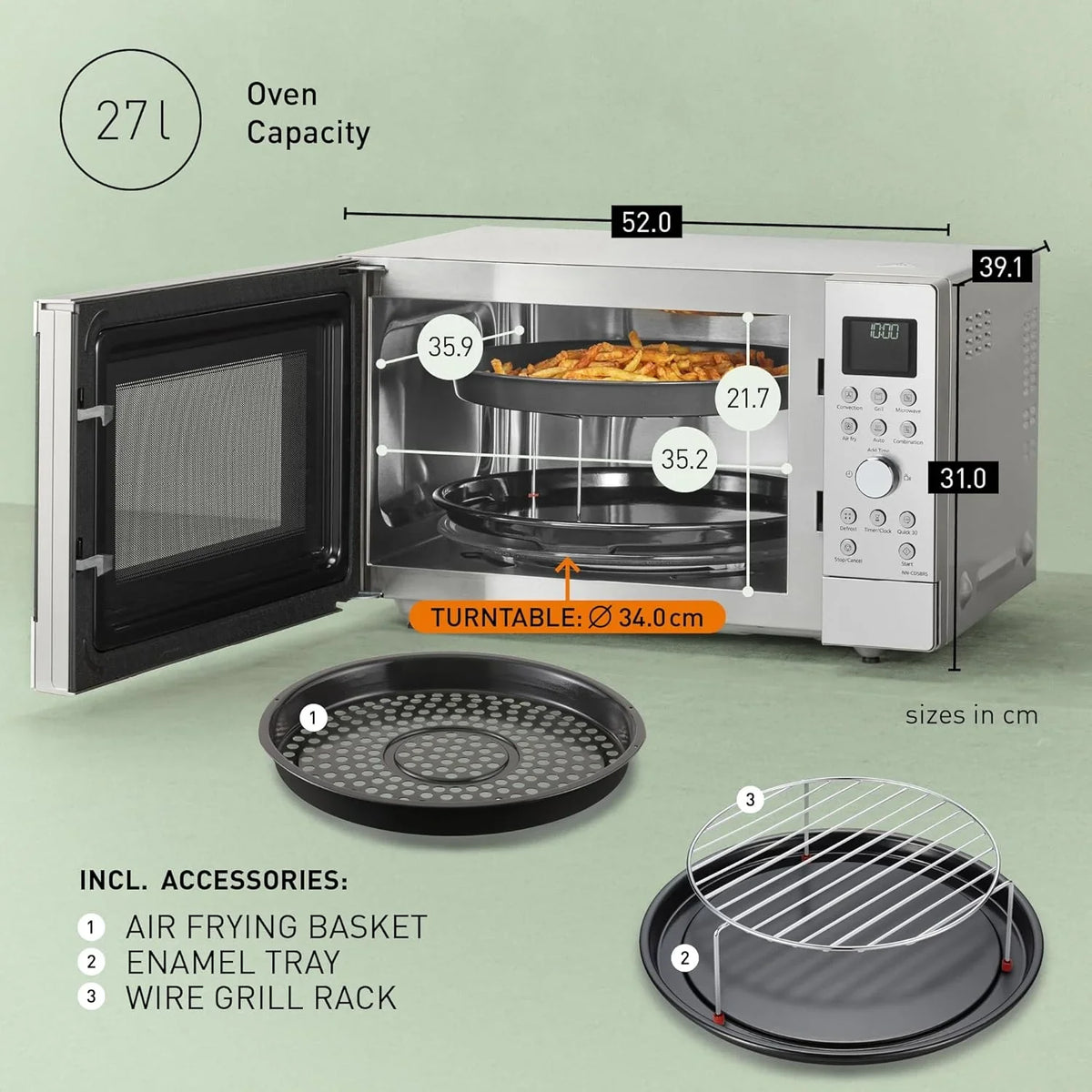 Panasonic NN-CD58RSEPG 27L 4-in-1 Kombi-Mikrowelle mit Airfryer Modus und Garkorb. 1000W Inverter. 1300W Grill. Umluft. 19 Automatikprogramme.