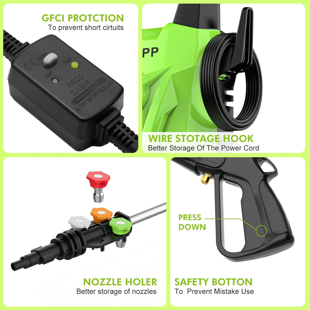 Electric high-pressure cleaning machine. foam sprayer. 4 quick-connect high-pressure nozzles. 2400 pounds/square inch 2.4 gallons/minute powerful cleaning machine. high-pressure cleaning equipment for