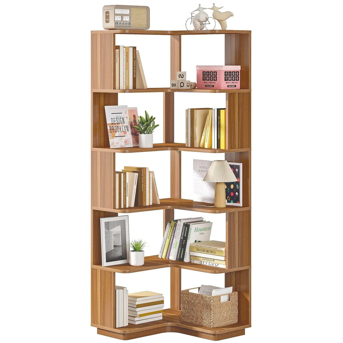 64.9 Inch Tall 6-Tier Corner Bookshelf. Freestanding Wood Industrial Bookcase