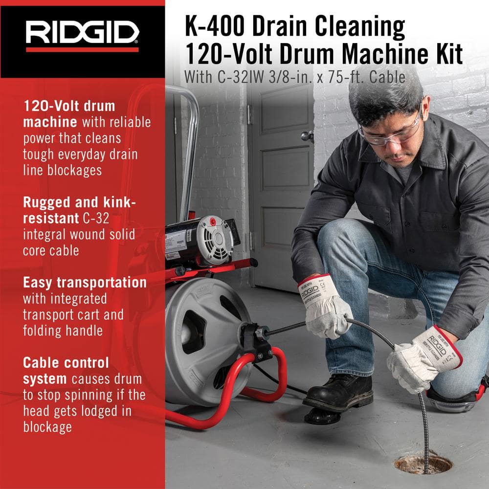 120V Drum Drain Cleaning Snake Auger with 3/8-In. x 75-Ft. Cable. 4-Piece Tool Set and Gloves