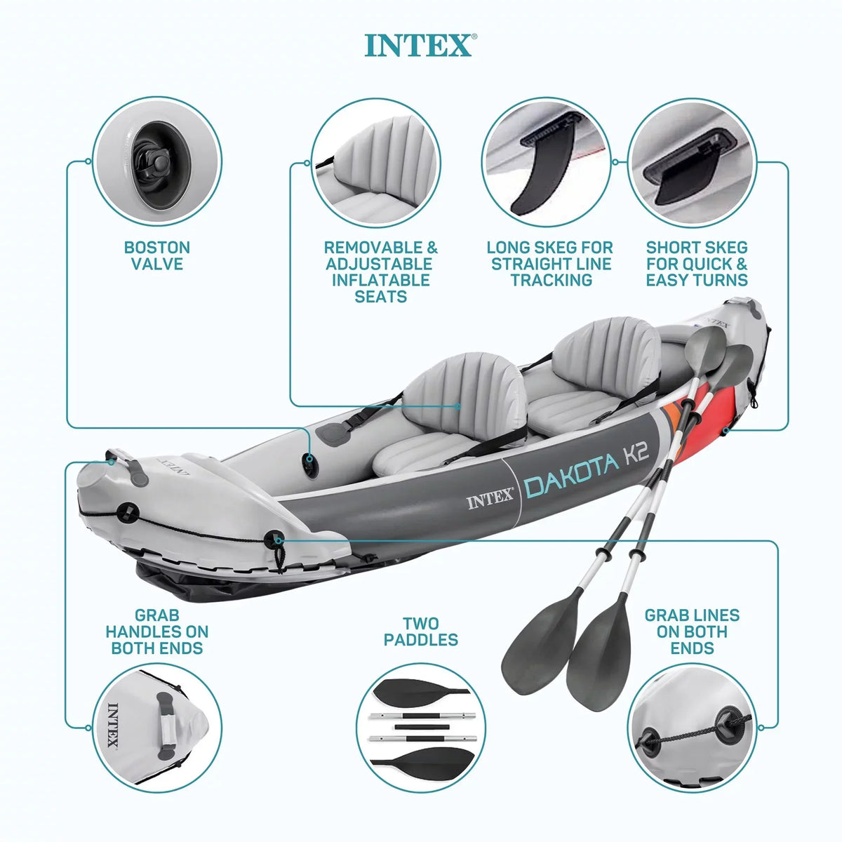 2025 Intex Dakota K2 Kayak inflable de vinilo para 2 personas. con remos y bomba – Caja abierta