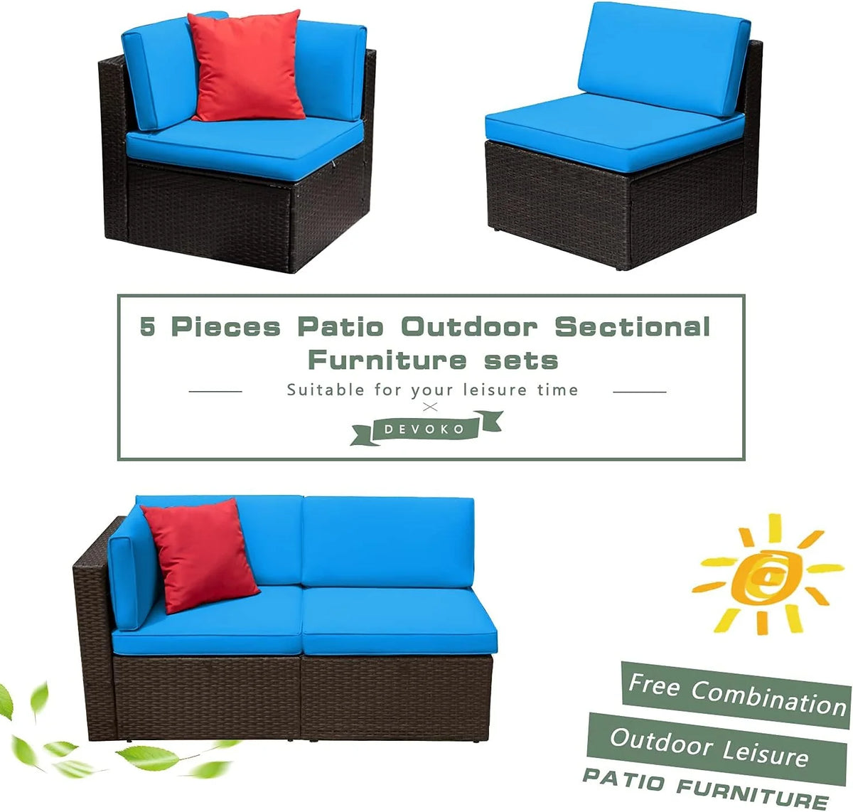 5-Piece All-Weather Patio Furniture Set with Cushions. Outdoor Wicker Conversation Sofa Set for Garden. Deck & Backyard