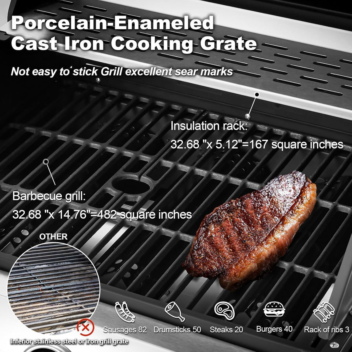 4-Burner Propane Gas Grill with Cast Iron Grates. Side Stove and 44.000 BTU Stainless Steel Burners