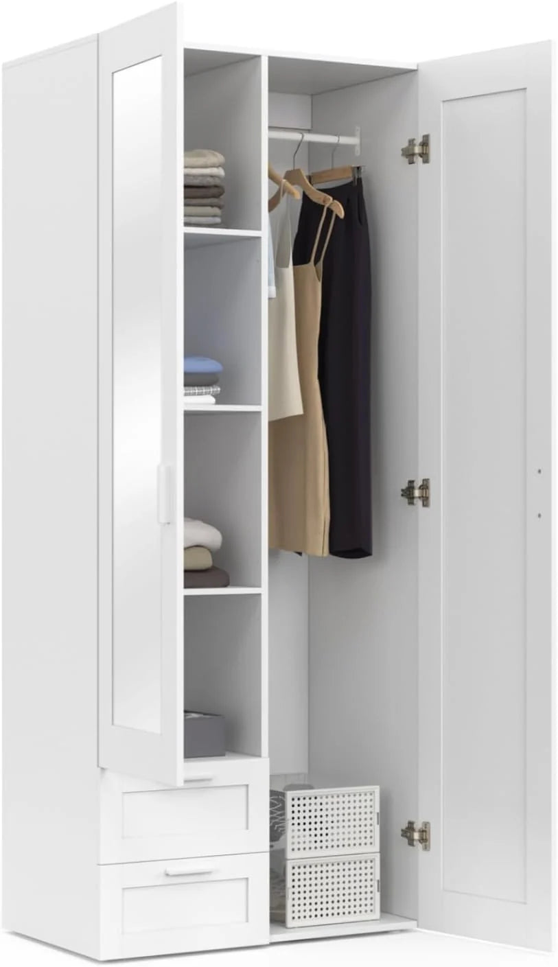 IDMarket - VITO 2-door wardrobe white 80 cm with 2 drawers. mirror and shelves