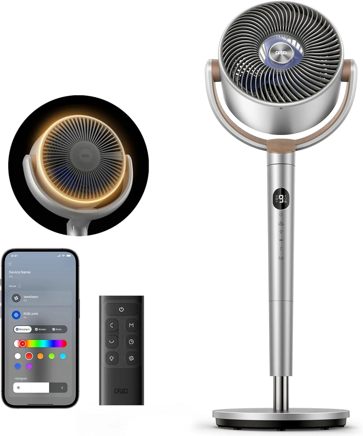 Dreo Smart Standventilator mit RGB Light. 120° +120° Oszillierender Ventilator mit Fernbedienung. 20dB Leiser Bodenventilator für Schlafzimmer. 8H