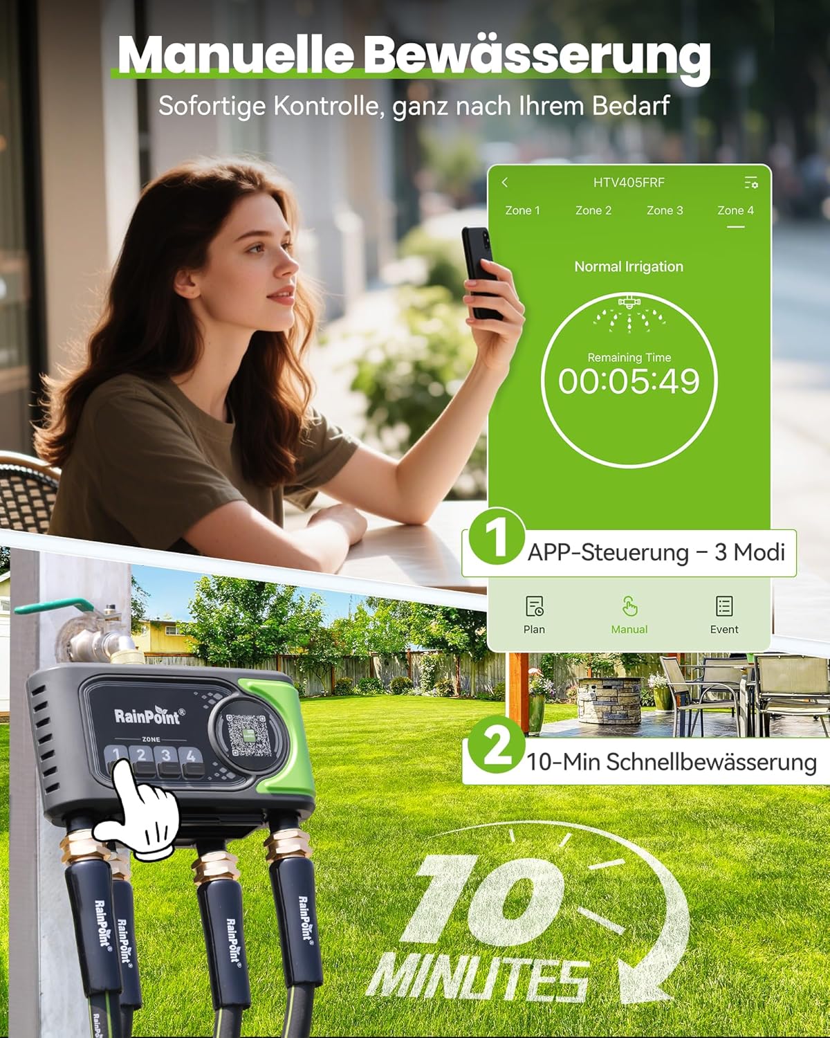RAINPOINT Bewässerungscomputer WLAN mit 4 Ausgängen. Messing Ein- und Ausgang. Bewässerungsuhr 4 Zonen mit wetter- & bodenbasierter Steuerung. App- &