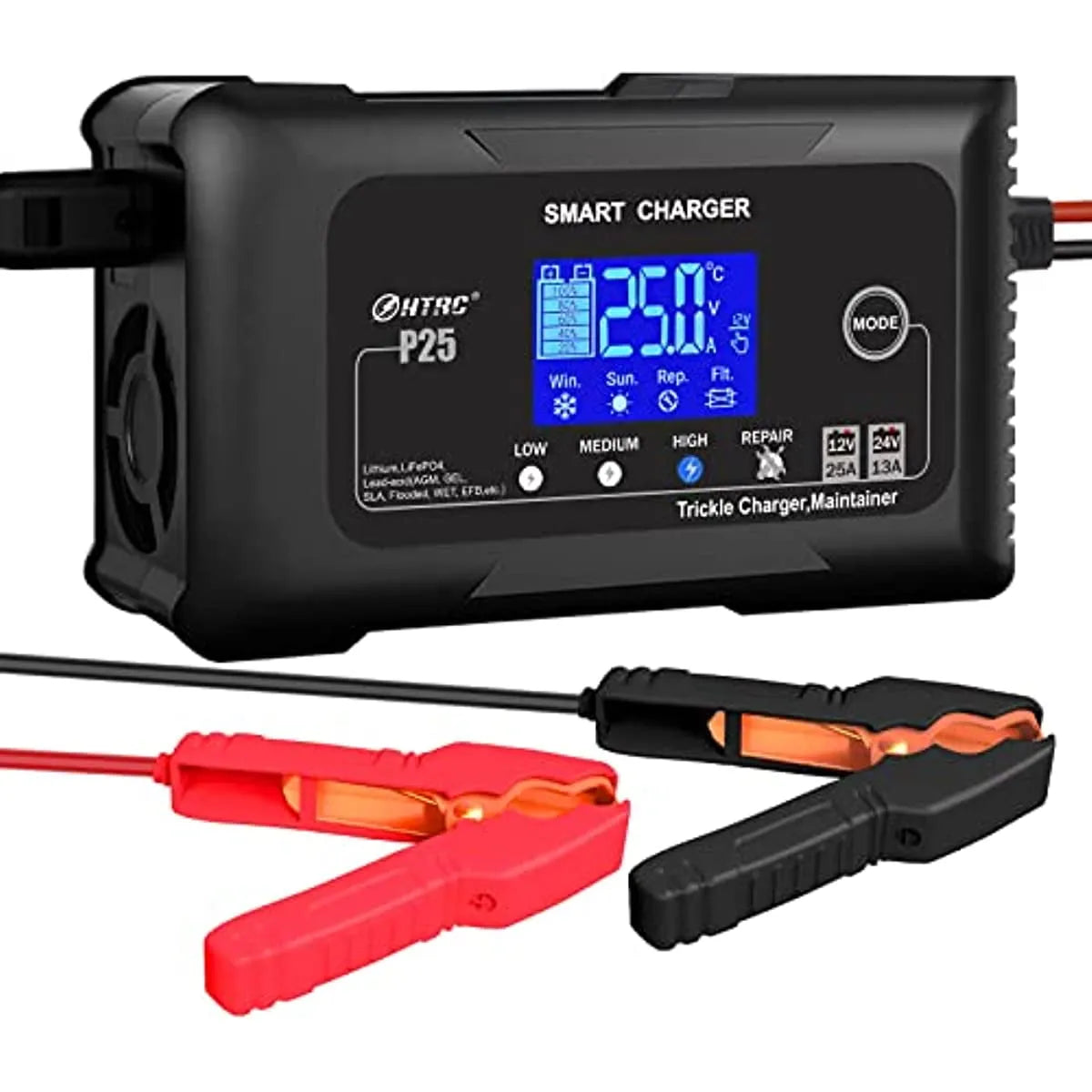 25-Amp Smart Battery Charger.Lithium.LiFePO4.Lead-Acid AGM/Gel/SLA.. Car Battery Charger.Trickle Charger. Maintainer/deep Cycle Charger.12V/25A and