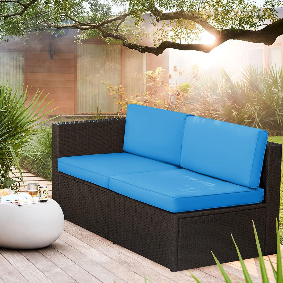 5-Piece All-Weather Patio Furniture Set with Cushions. Outdoor Wicker Conversation Sofa Set for Garden. Deck & Backyard