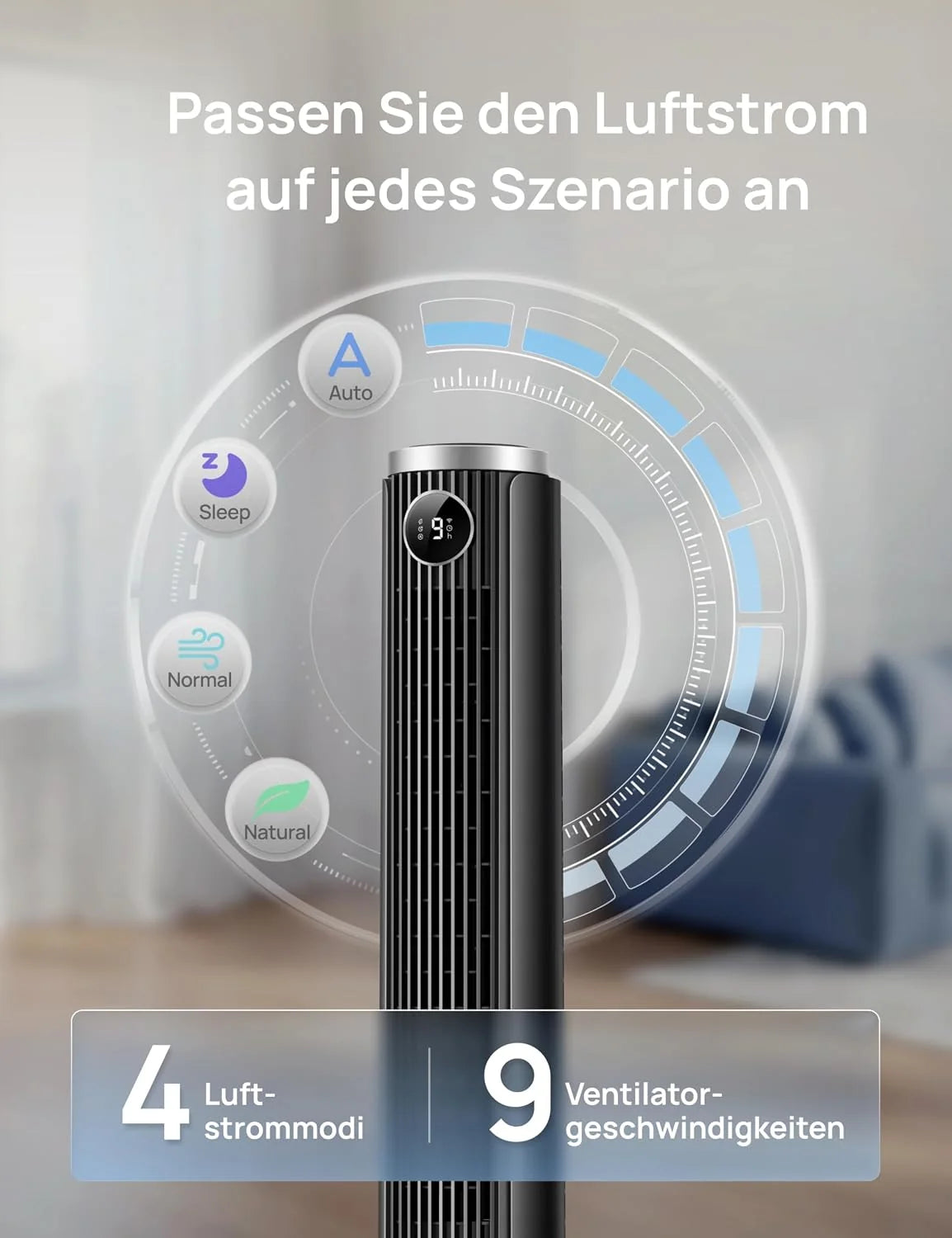DREO Smart 102–114cm Turmventilator fürs Schlafzimmer. Höhenverstellbar. 8.4m/s. DC-Motor. 9 Stufen. 4 Modi. 90°-Oszillation. Standventilator. 20dB