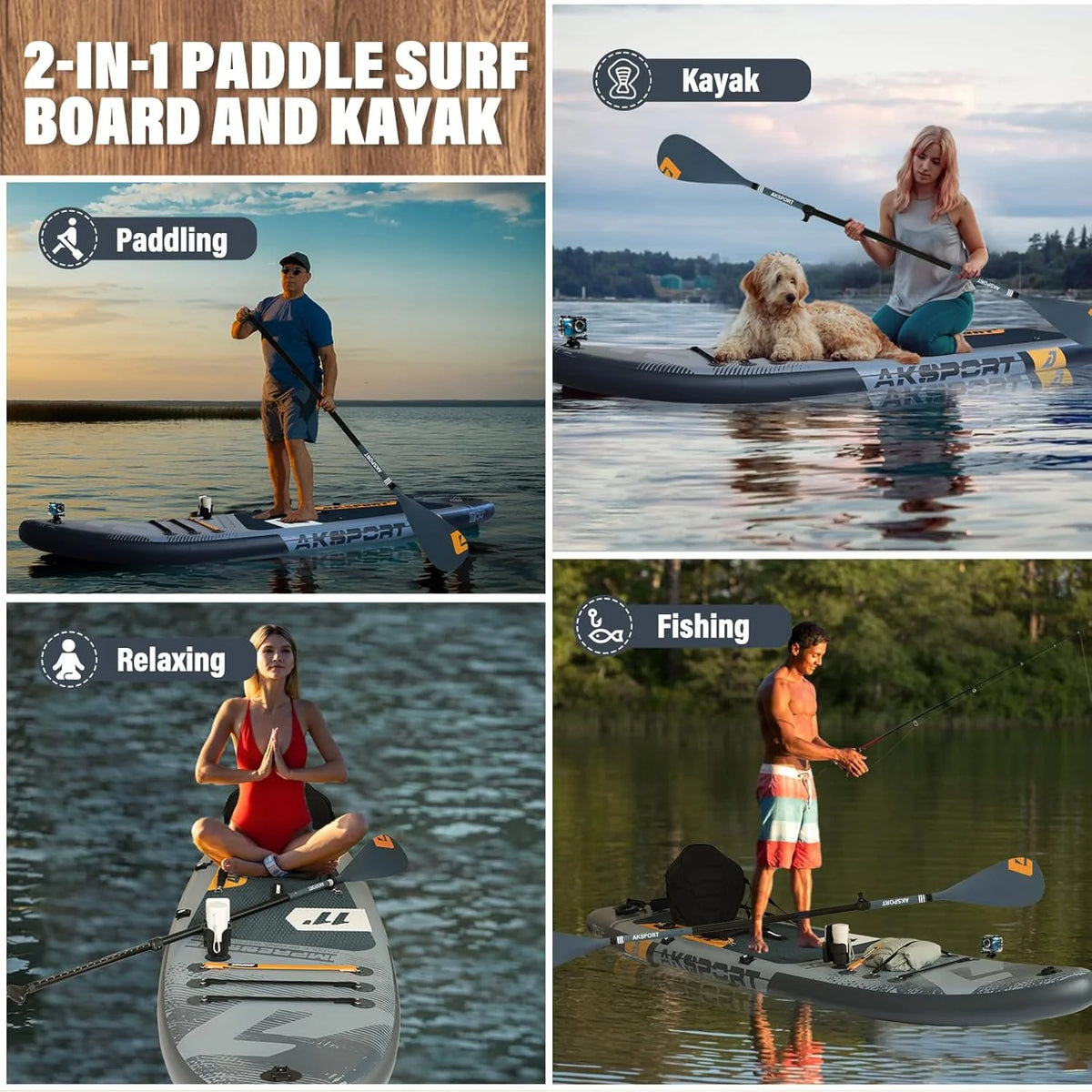 AKSPORT Tabla hinchable de surf de remo. tabla de surf hinchable con todos los accesorios. diseño ancho y estable. tabla antideslizante. tabla de remo