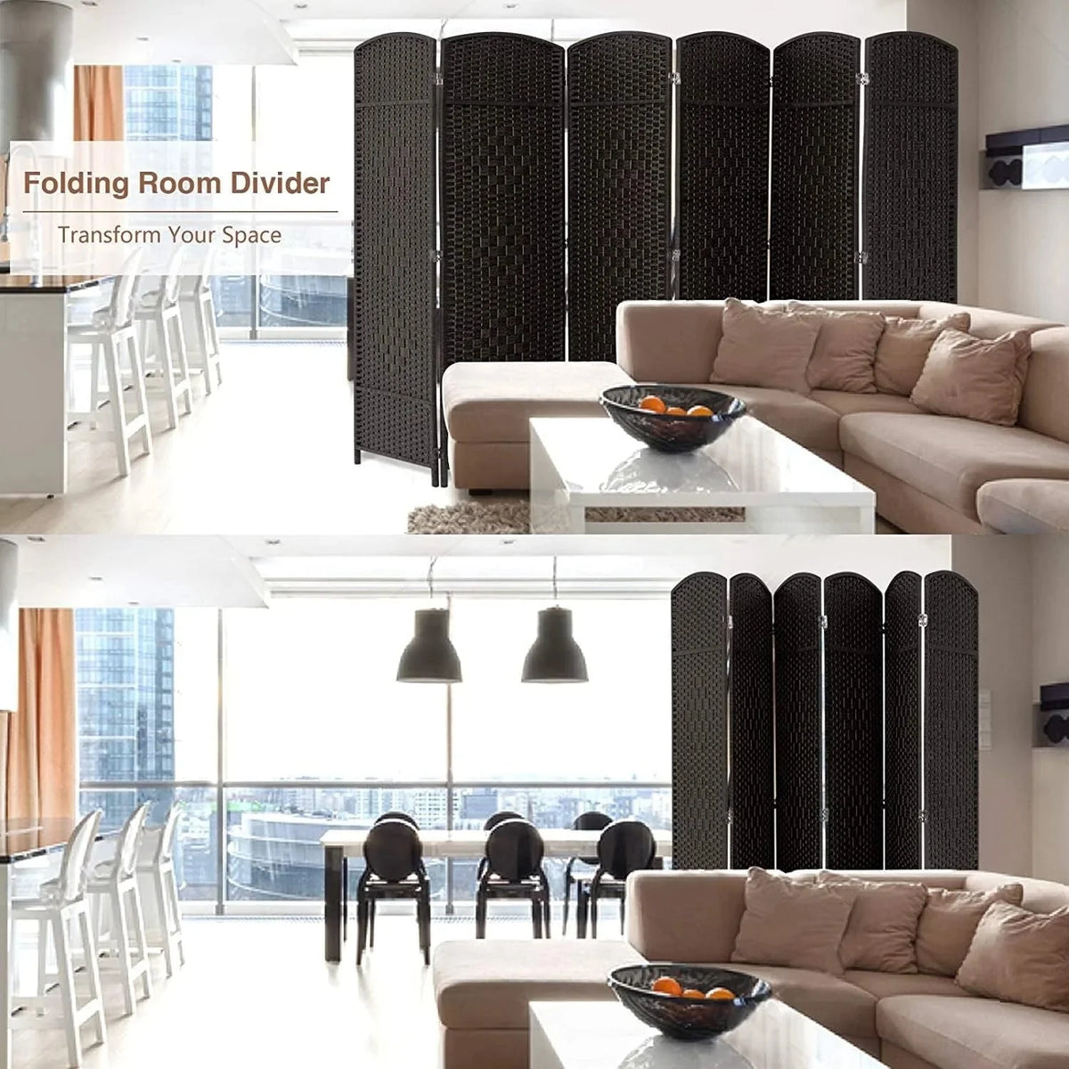 6 FT Tall Woven Fiber Room Divider. Freestanding Folding Privacy Screen