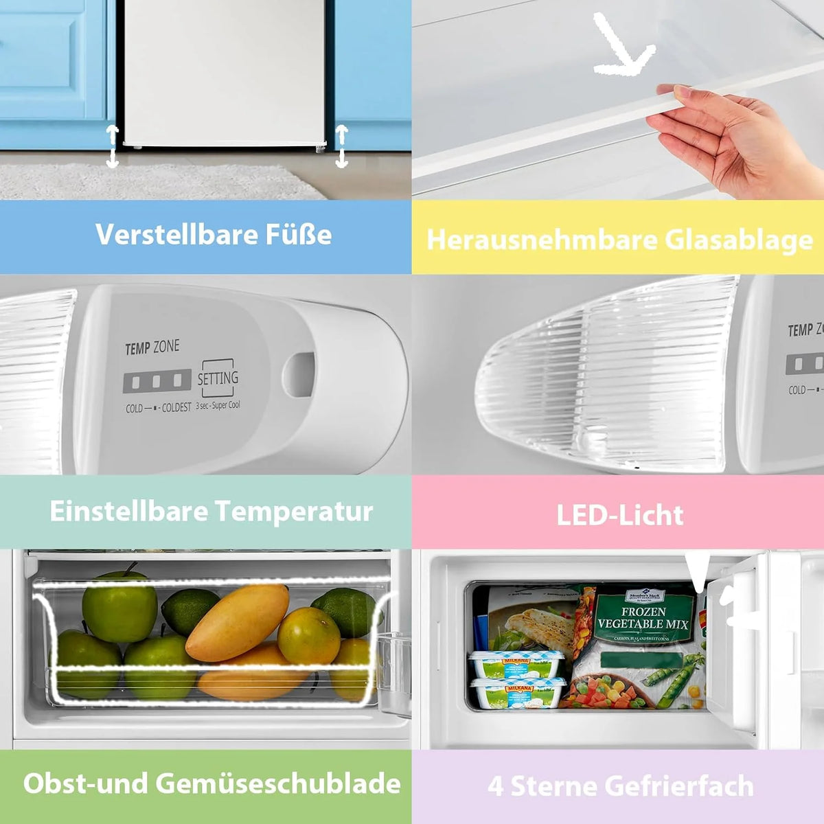 Comfee RCD80WH3(E) Kühlschrank mit Gefrierfach. 80L Kleiner Kühlschrank. Obst- und Gemüsefach. 84.5 cm Höhe. 47.5 cm Breite. 110 kWh pro Jahr.