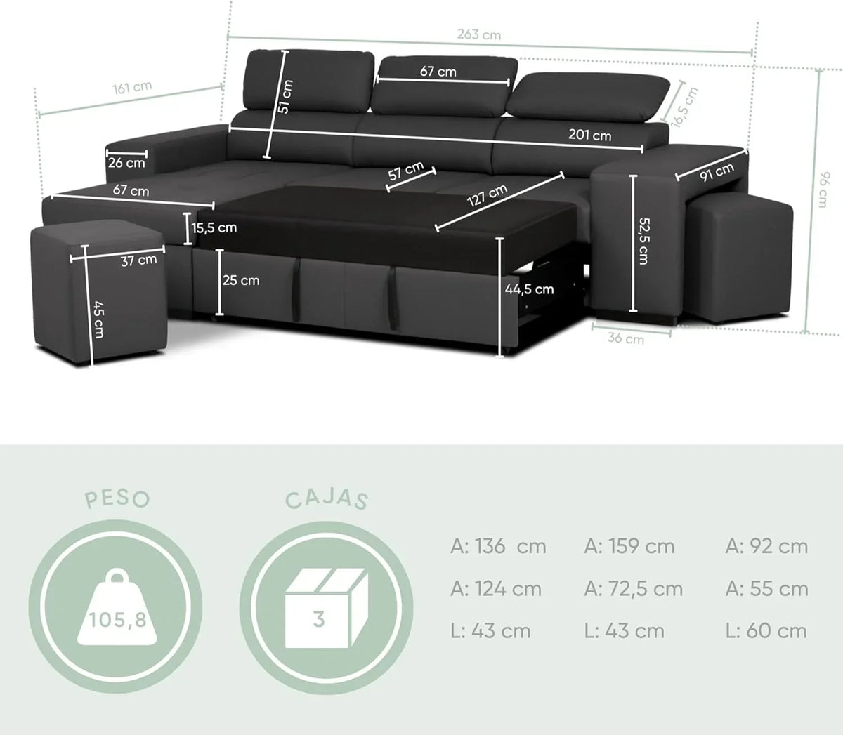 BUDWING John Sofá Cama Esquinero 4 Plazas - Chaise Longue Reversible. Reposacabezas Ajustable y 2 Pufs – Tapizado en Poliuretano – Estilo Moderno –