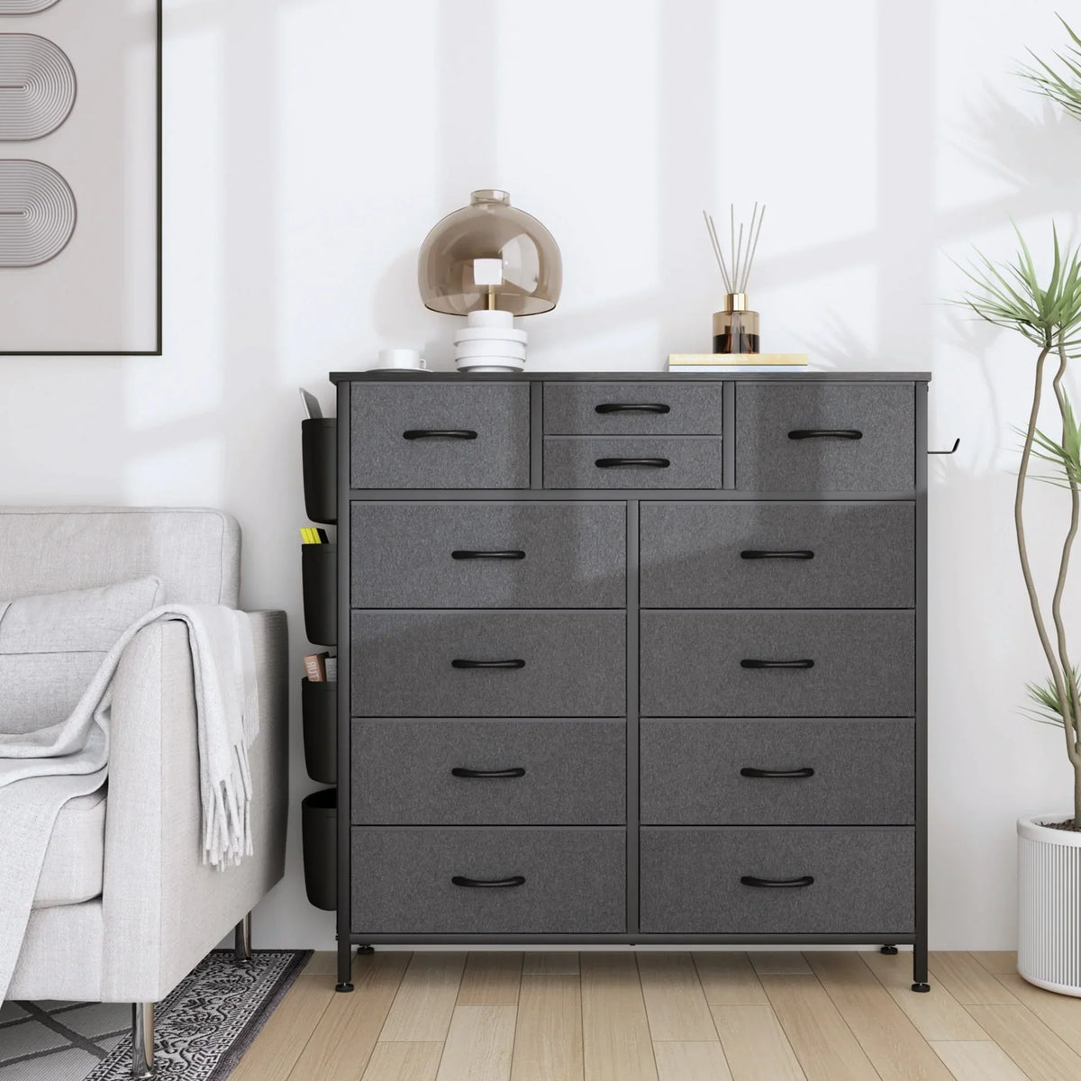 12 Drawer Fabric Dresser. Tall Bedroom Chest of Drawers with Storage
