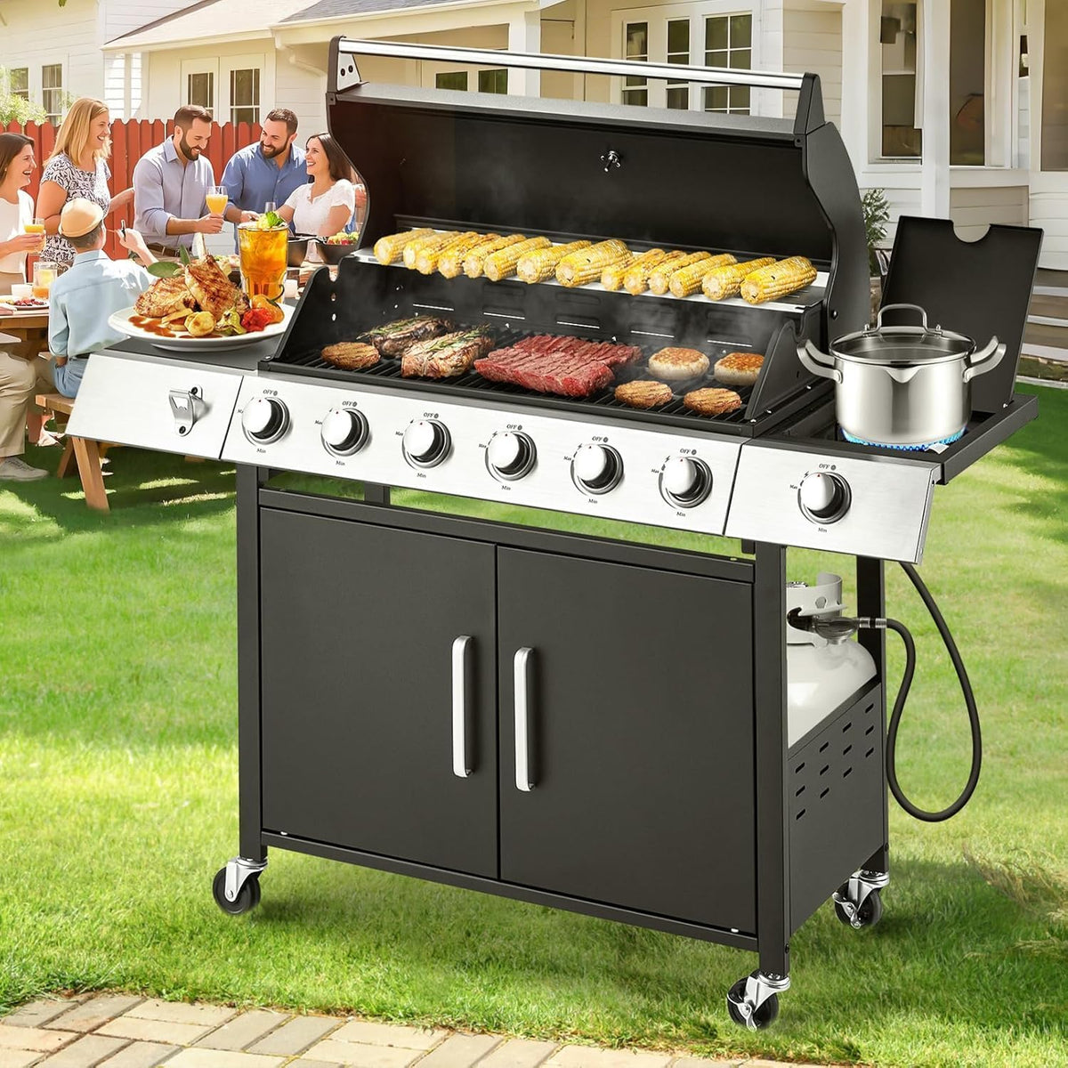 4-Burner Propane Gas Grill with Cast Iron Grates. Side Stove and 44.000 BTU Stainless Steel Burners