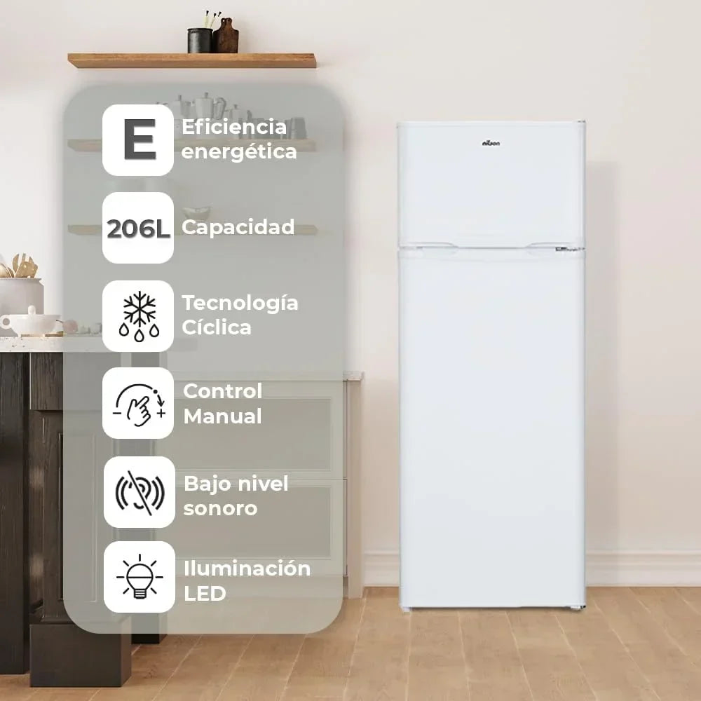 NILSON Frigorífico 2 Puertas Blanco NF145500E. Capacidad 206 Litros. Puerta Reversible. Bajo Nivel Sonoro. Eficiencia Energética Clase E