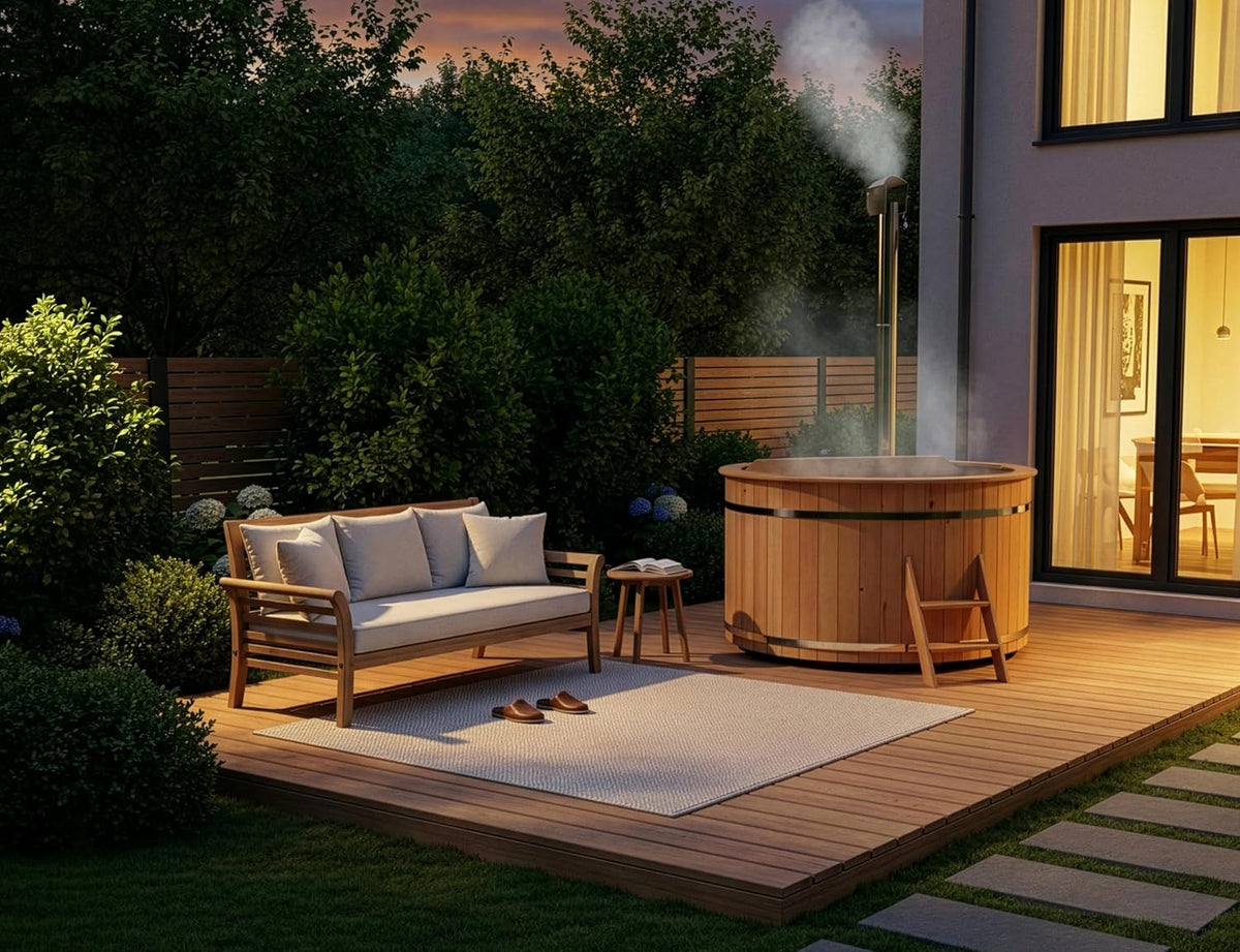 Holz Badefass Bergen. Hot Tub Ø 160 x 110 cm. inkl. Edelstahl-Ofen 22 kW und Einstiegsleiter. 3-4 Personen. Schwimmbecken. Badebottich. Sprudelbad