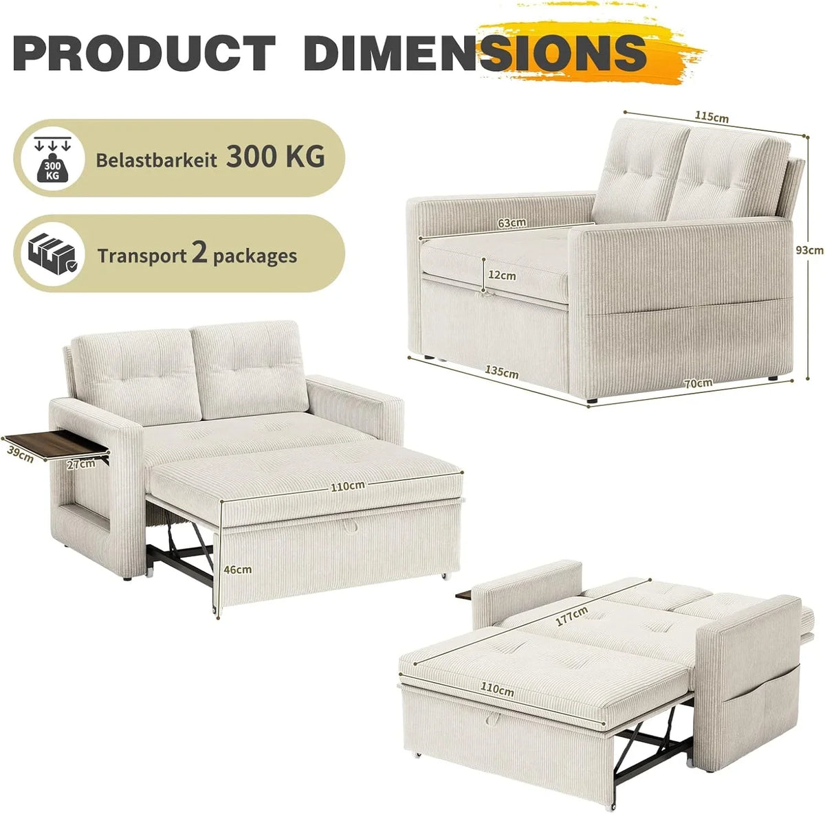 YOUDENOVA Sofá Cama 3 en 1. Sillón Cama multifunción. Sofá reclinable con Respaldo Regulable en 5 Posiciones. Sofá Cama para 2 Personas con Mesa y