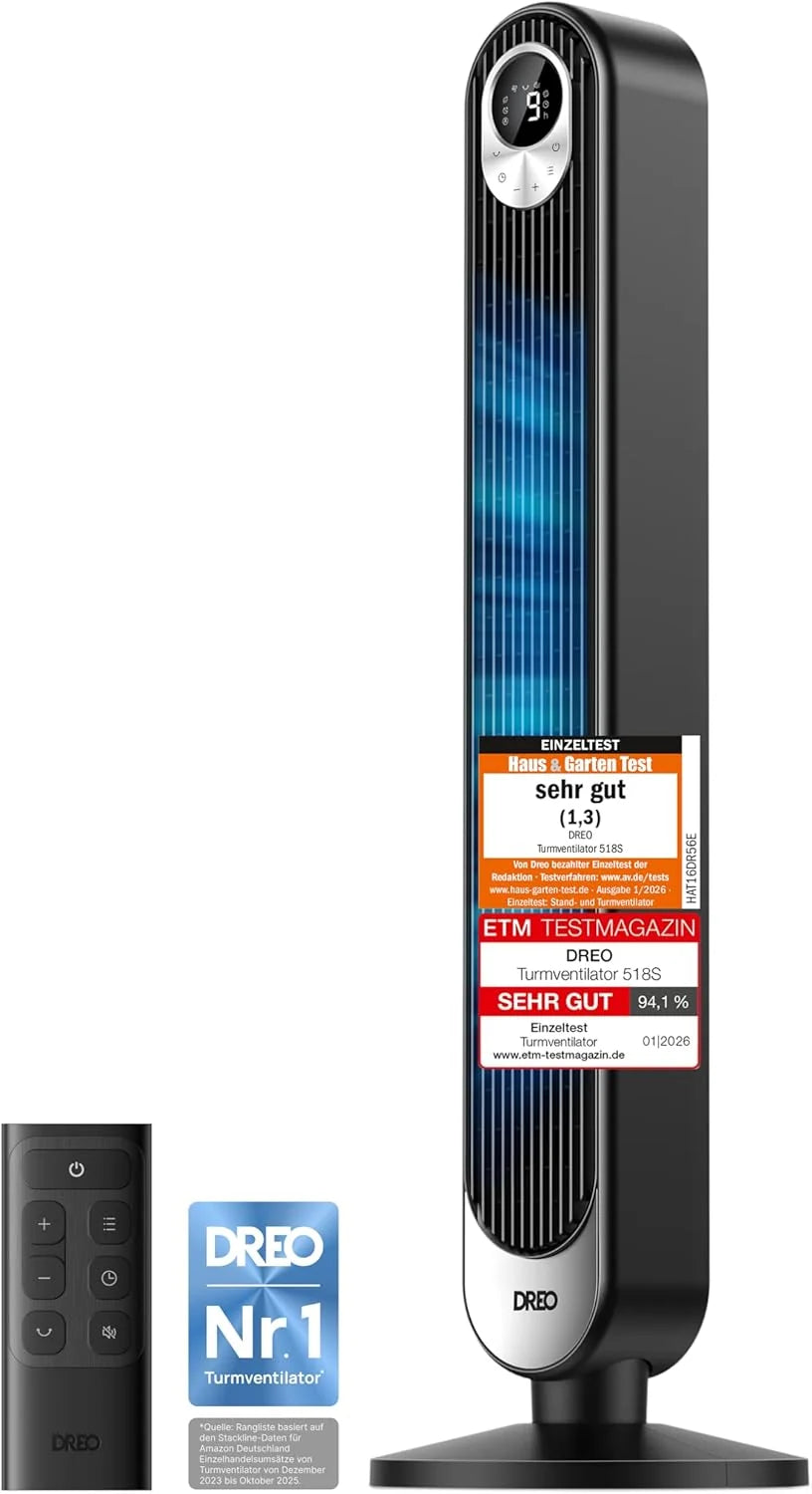 DREO DC Motor Turmventilator Leiser. 11M Windentfernung Ventilator mit Kühlung Fernbedienung. 9 Stufen 4 Modi. 90° Oszillierender Stand Ventilatoren