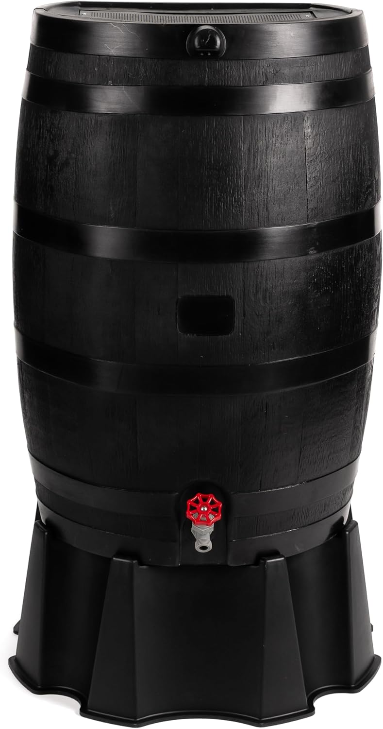 RTS Home Accents 50-Gallon ECO Rain Barrel Made with 100% Recycled Plastic. Flat Back Rain Water Collection Barrel. Black
